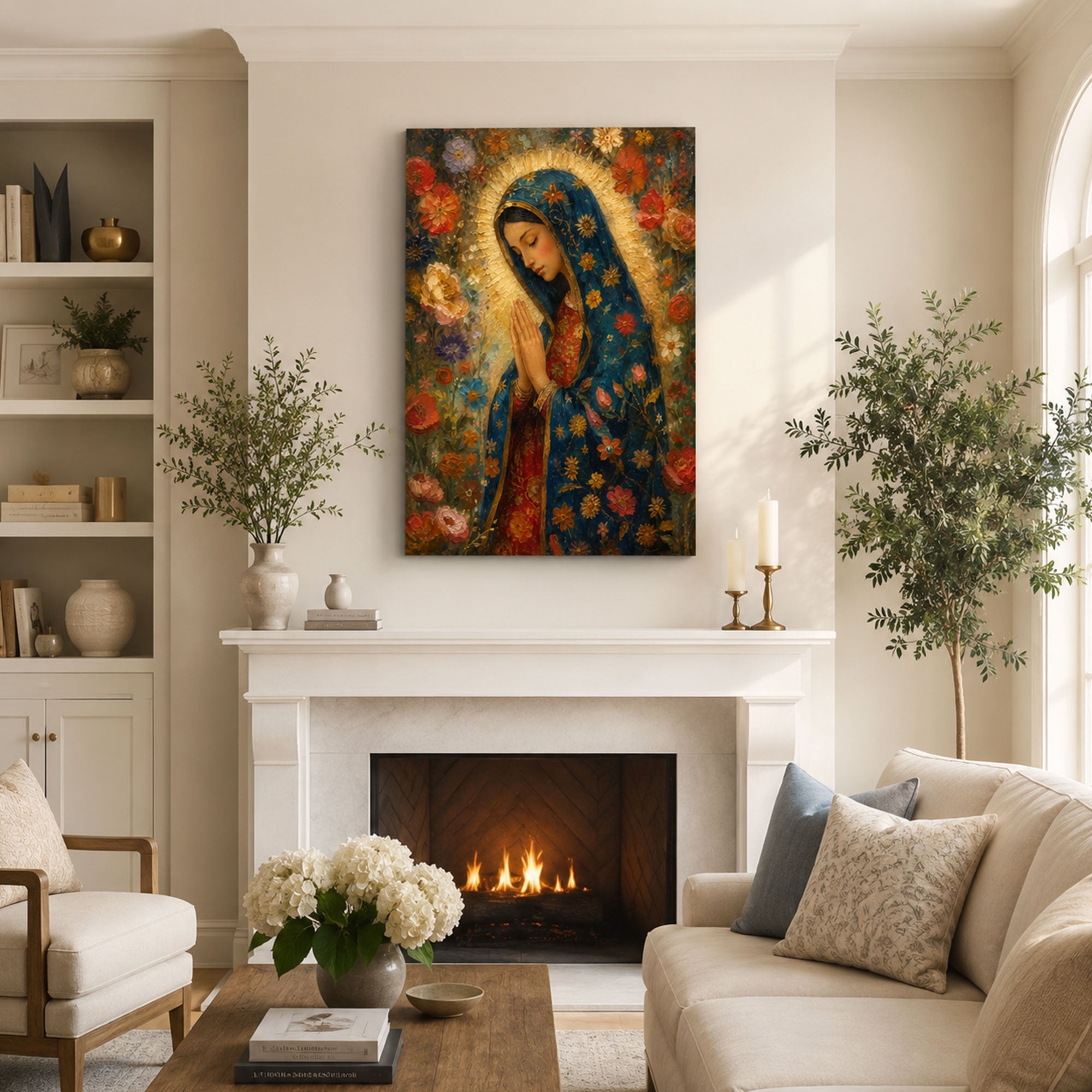 Our Lady of Guadalupe Floral Canvas Print, Virgin Mary Catholic Wall Decor, Marian Faith Gift