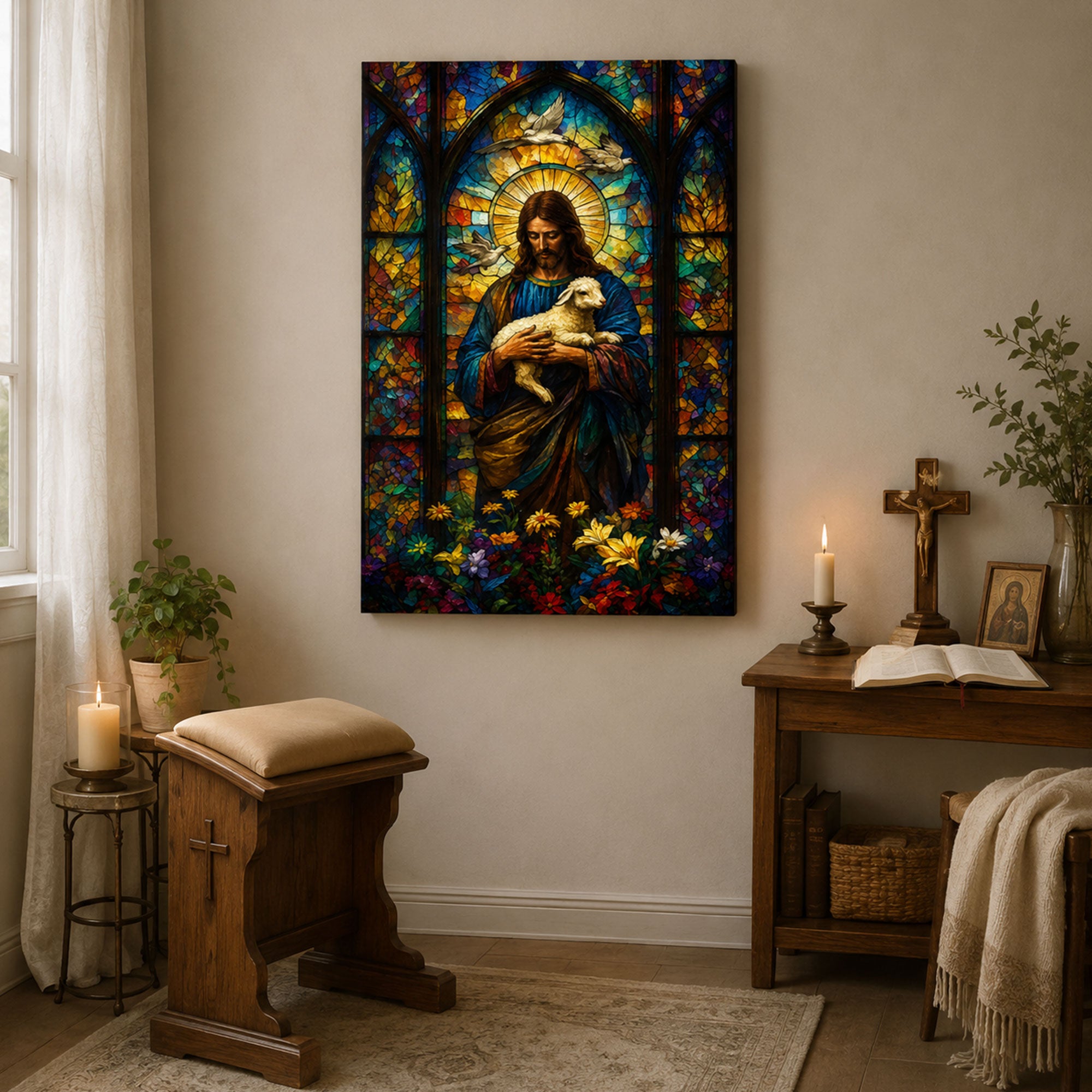 Jesus with Lamb Canvas Print, Stained Glass Christian Wall Art, Faith Home Decor