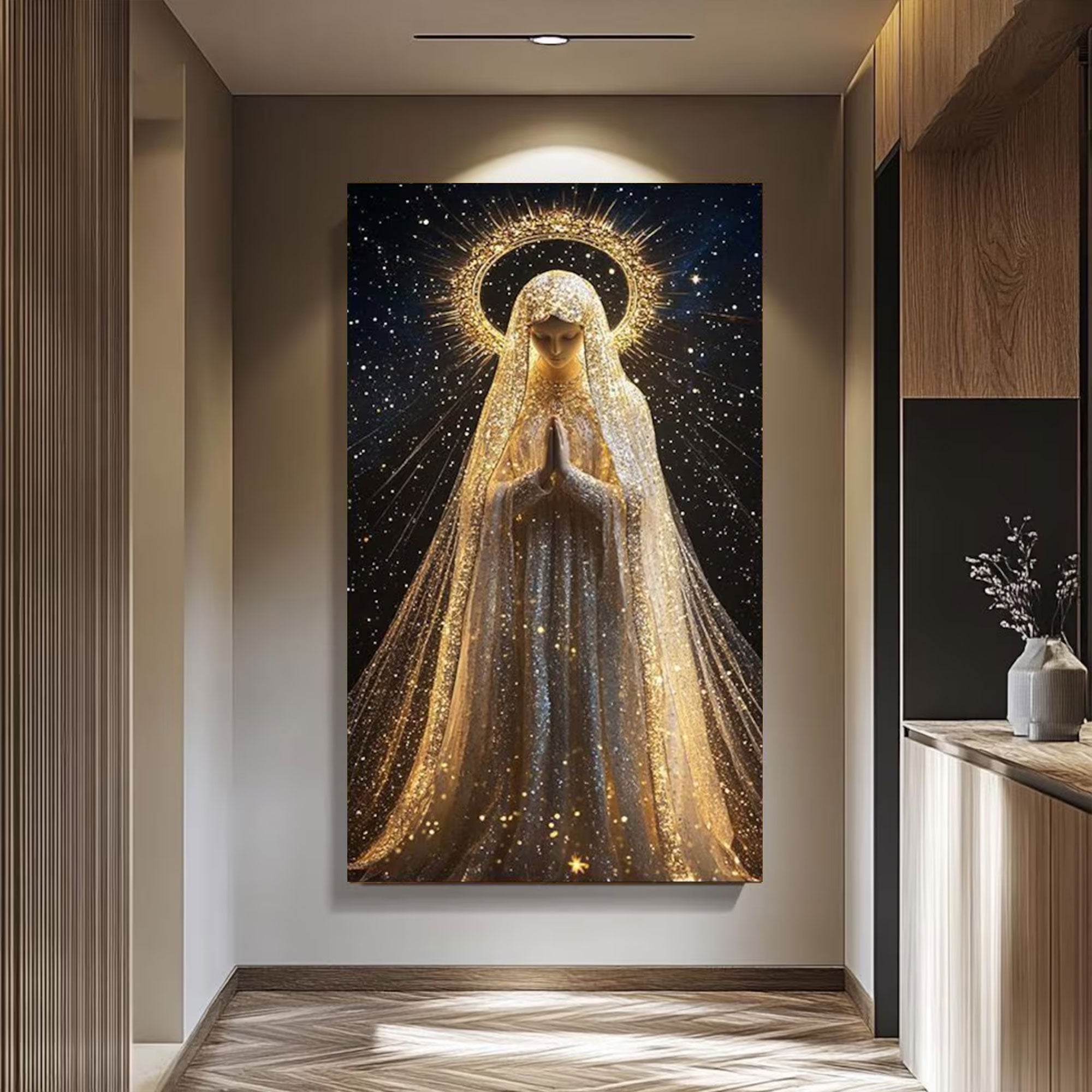 Virgin Mary Wall Art Canvas Print, Mother Mary with Starry Halo Spiritual Religious Canvas for Prayer Space