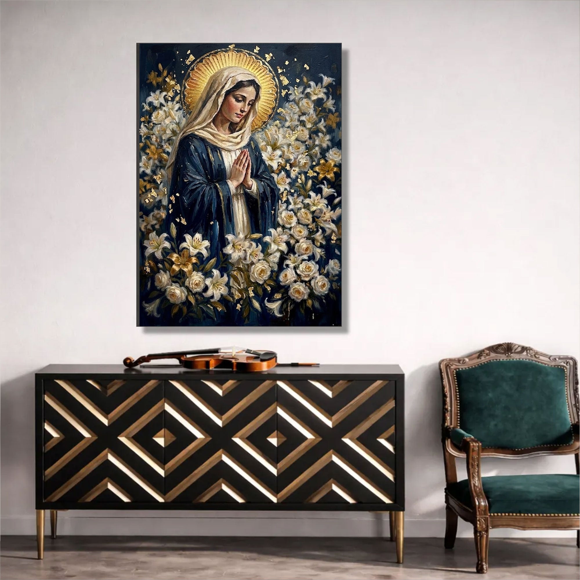 Madonna in Silent Prayer Canvas Print, Sacred Lily Garden Artwork, A Devotional Expression of Grace and Purity