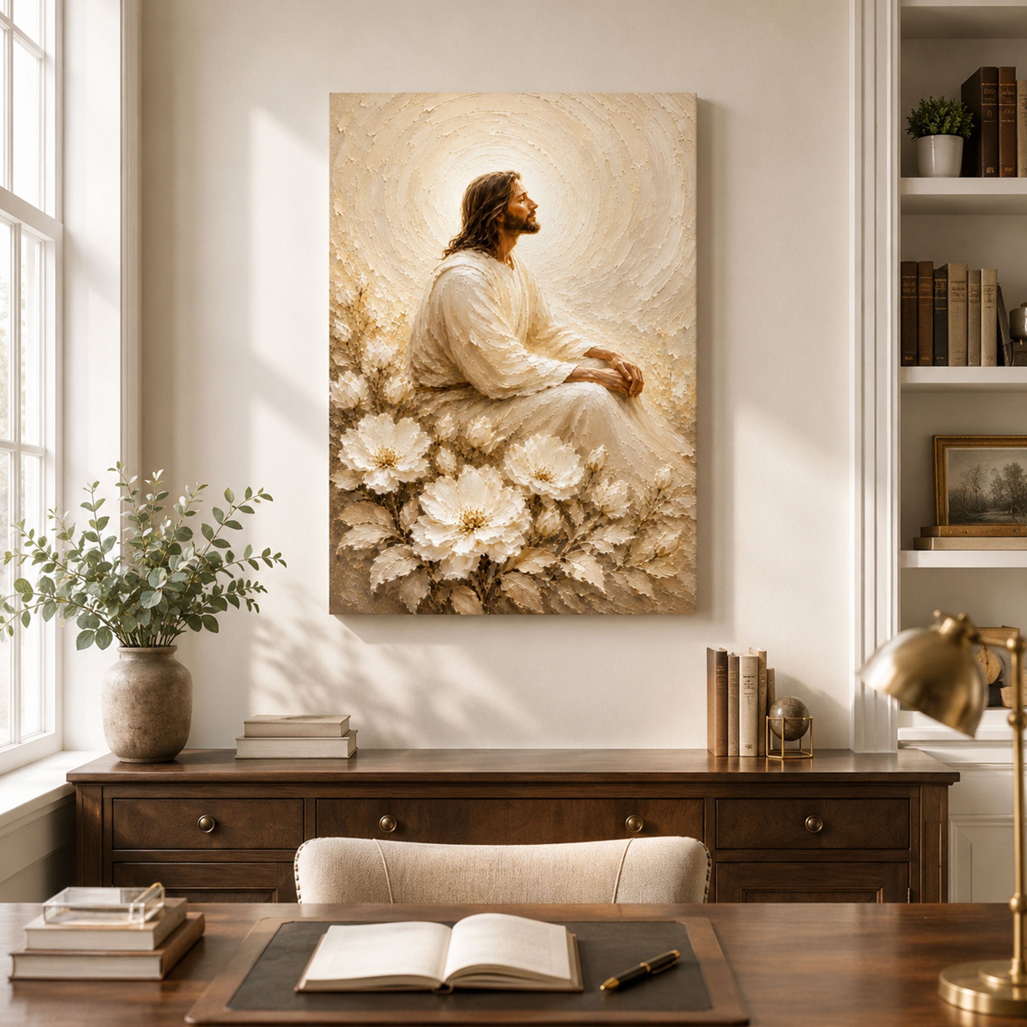 Peaceful Jesus in White Flowers Canvas Print, Soft Christian Wall Art, Neutral Faith Home Decor Gift