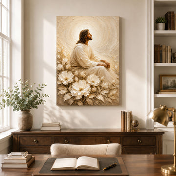 Peaceful Jesus in White Flowers Canvas Print, Soft Christian Wall Art, Neutral Faith Home Decor Gift