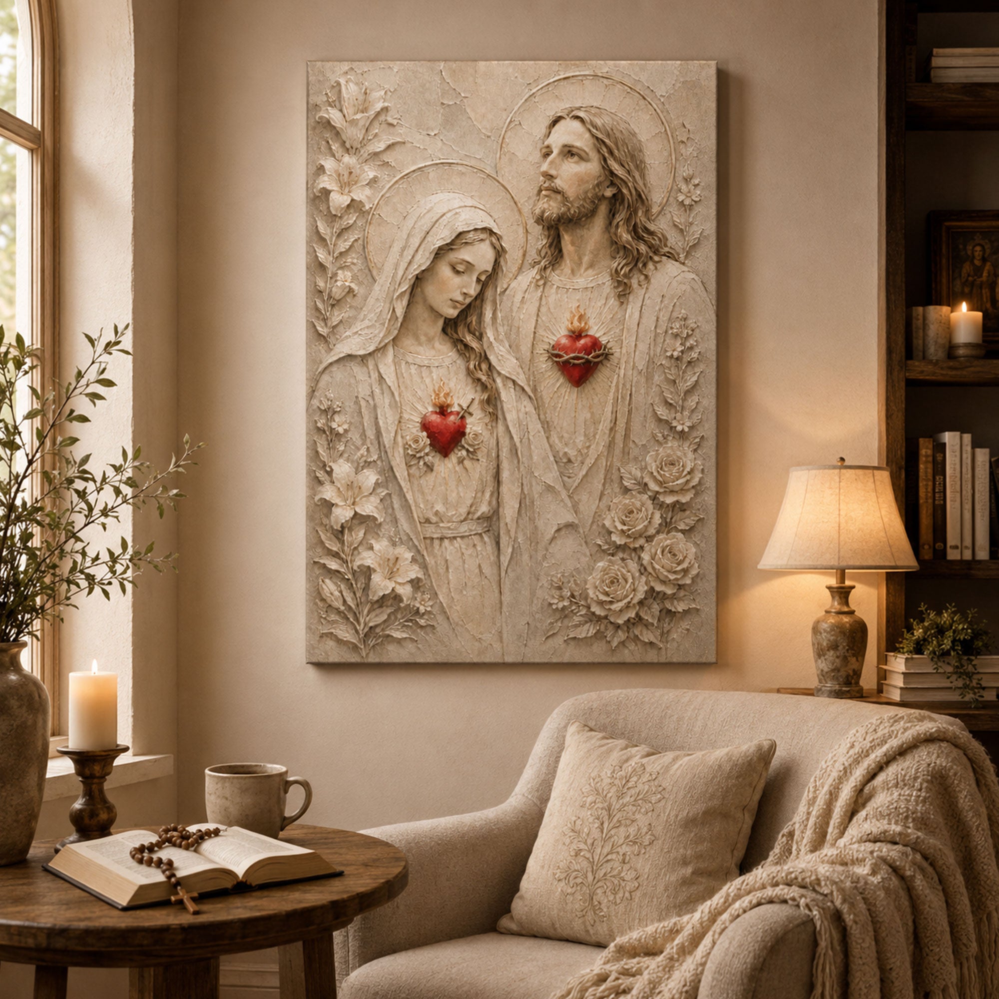 Sacred Heart of Jesus and Immaculate Heart of Mary Canvas Print, Catholic Wall Art, Christian Religious Home Decor