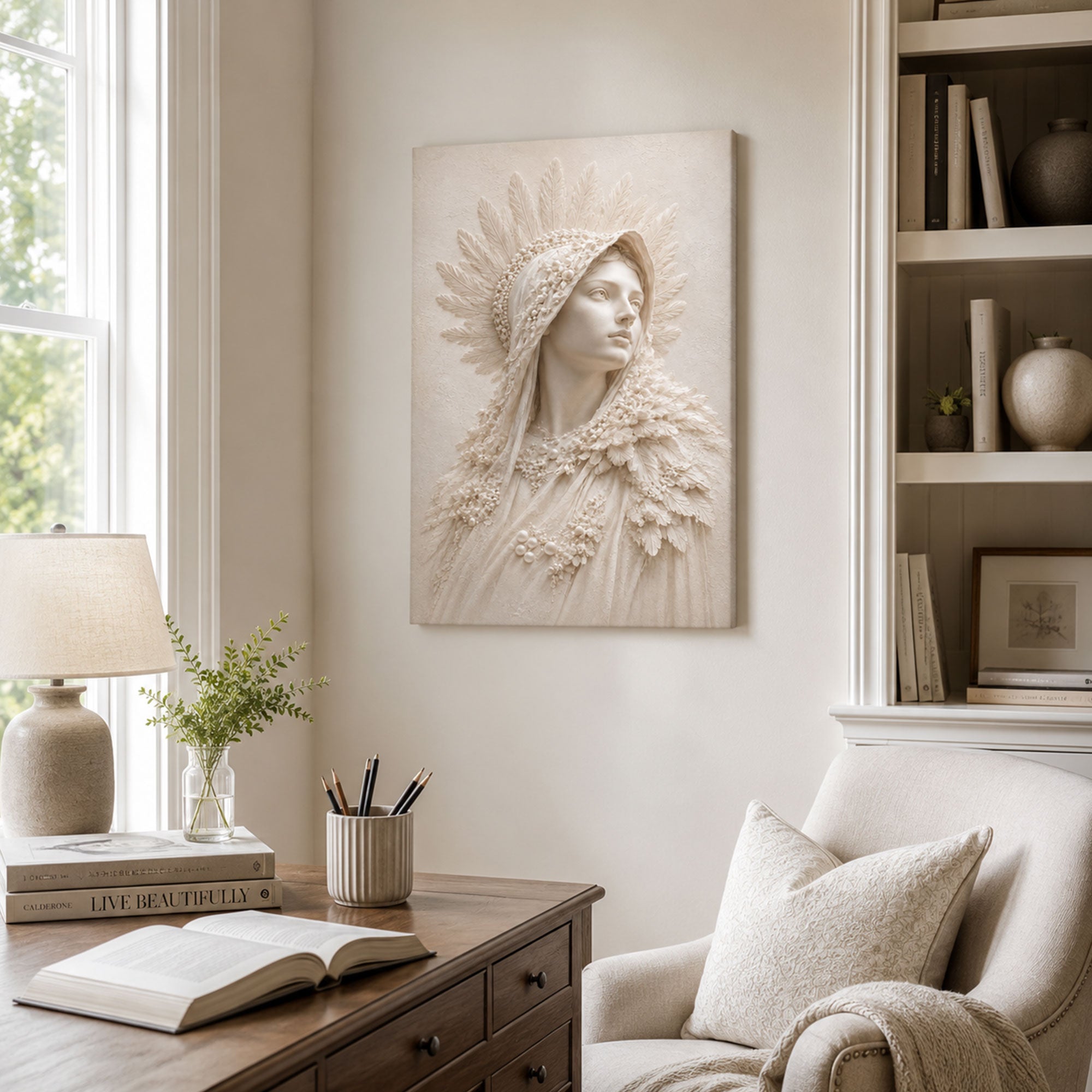 Virgin Mary Ivory Portrait Canvas Print, Catholic Marian Wall Art, Neutral Faith Home Decor Gift