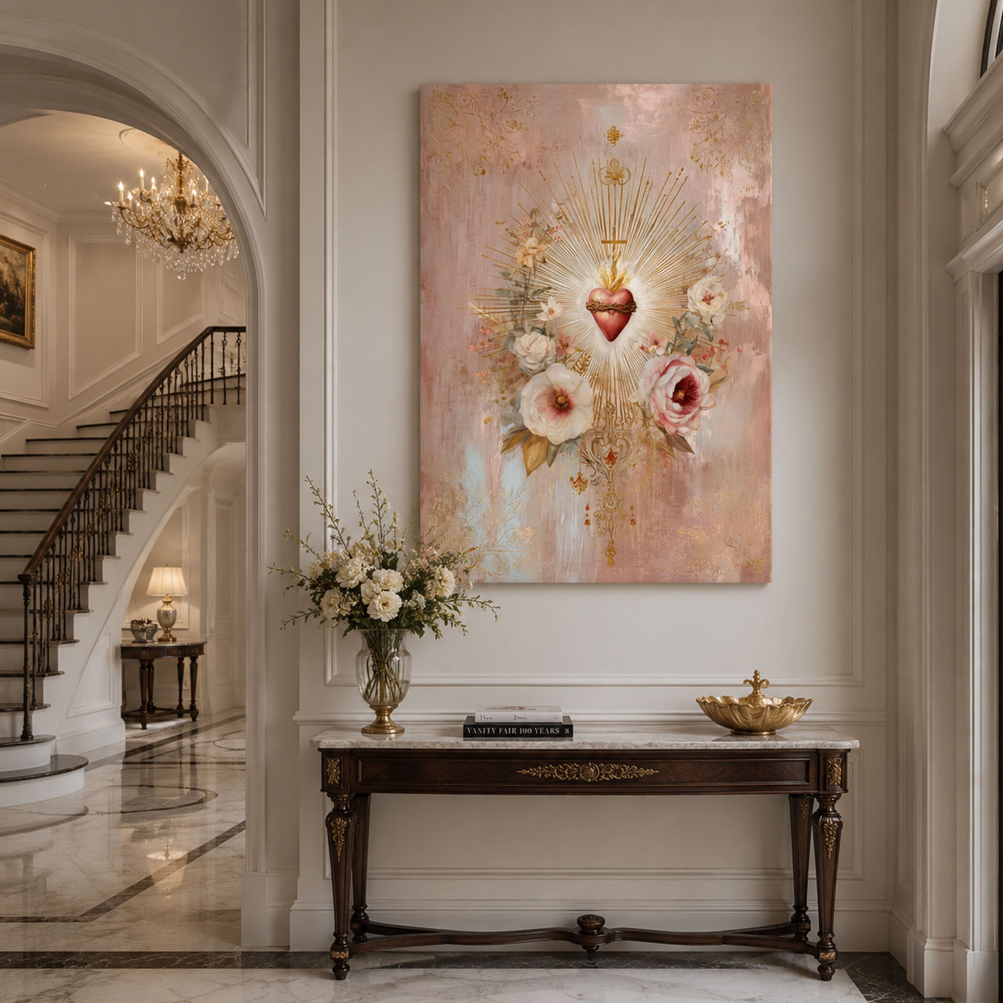Sacred Heart Floral Canvas Print, Catholic Christian Wall Art, Pink Gold Religious Home Decor, Faith Gift