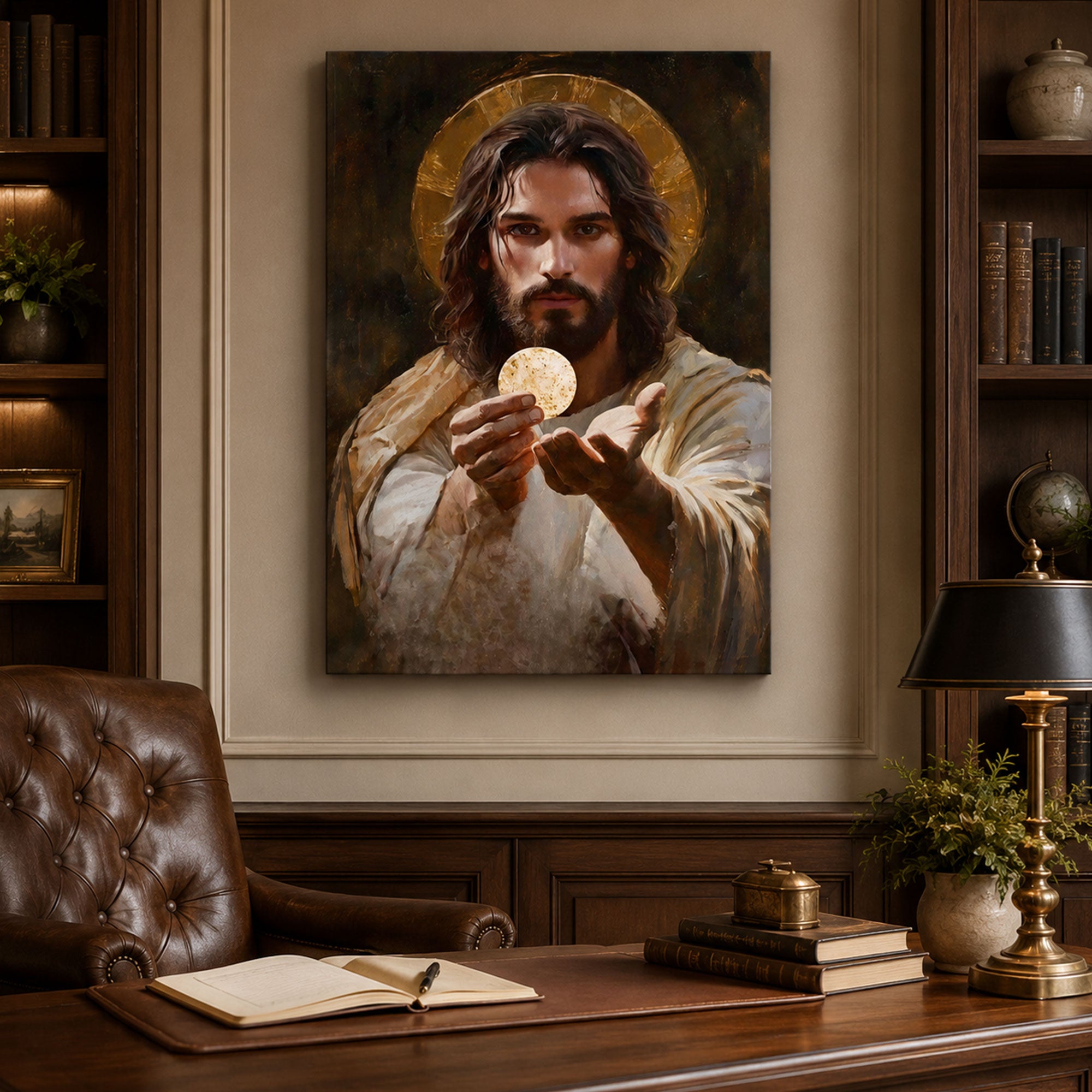 Jesus Christ with Eucharist Canvas Wall Art, Holy Communion Christian Decor, Sacred Faith Home Artwork