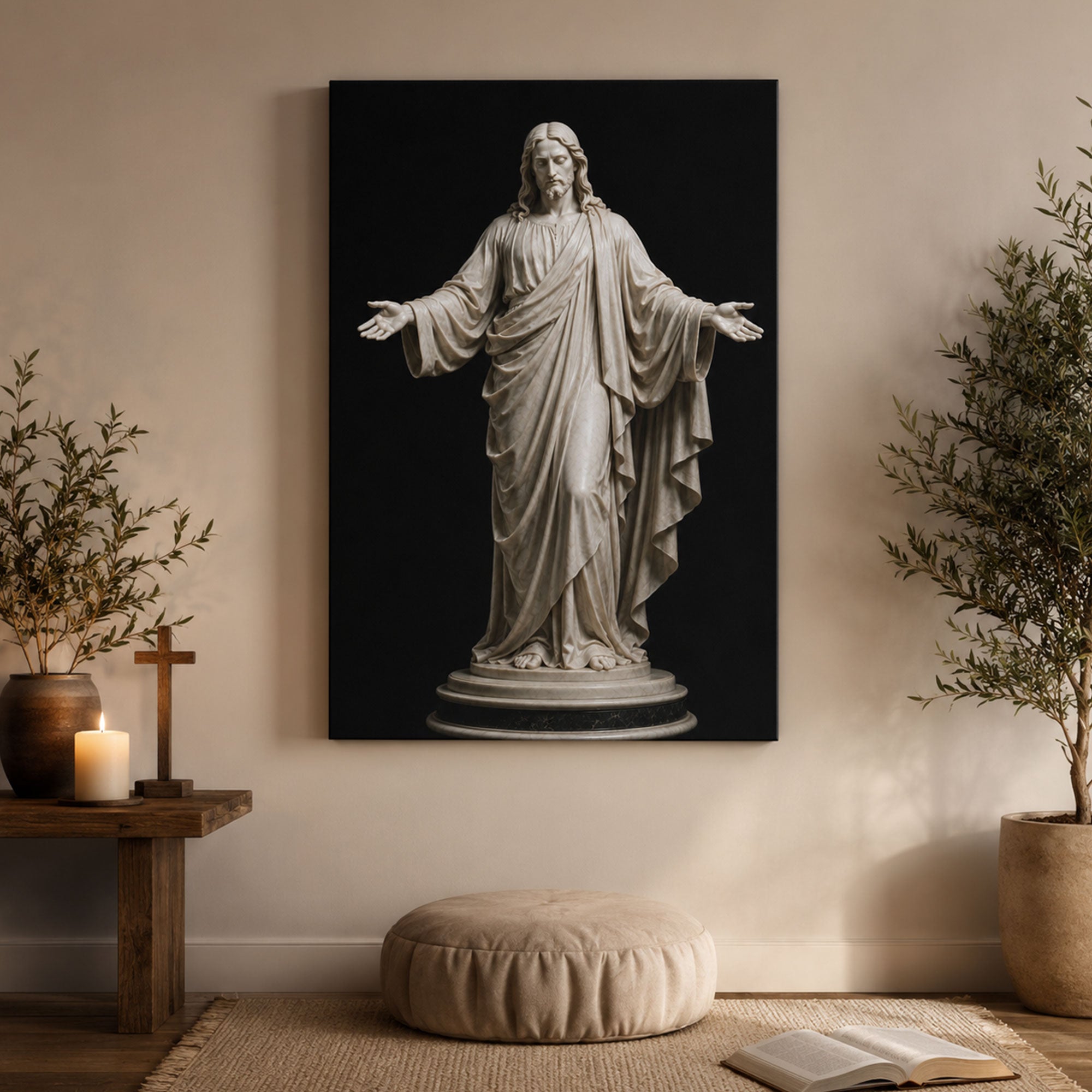 Jesus Open Arms Statue Canvas Print, Catholic Christian Wall Art, Faith Home Decor Gift