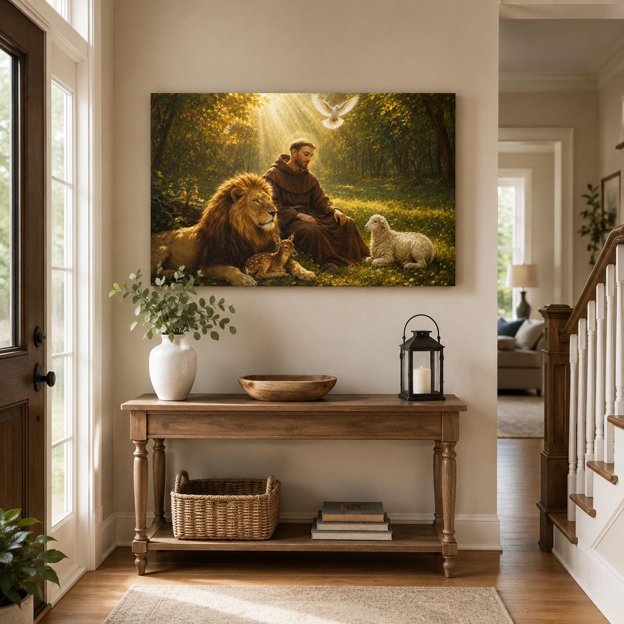 Saint Francis of Assisi with Animals Canvas Print, Catholic Saint Wall Art, Peaceful Faith Home Decor Gift