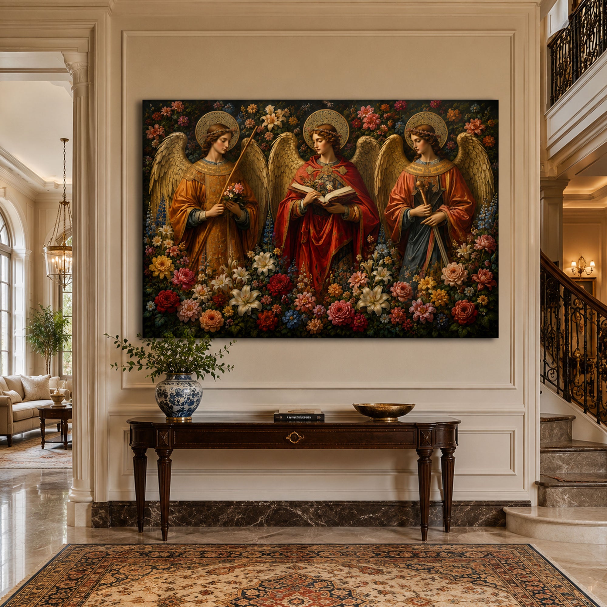 Three Angels Canvas Print, Catholic Angel Wall Art, Faith Home Decor Gift