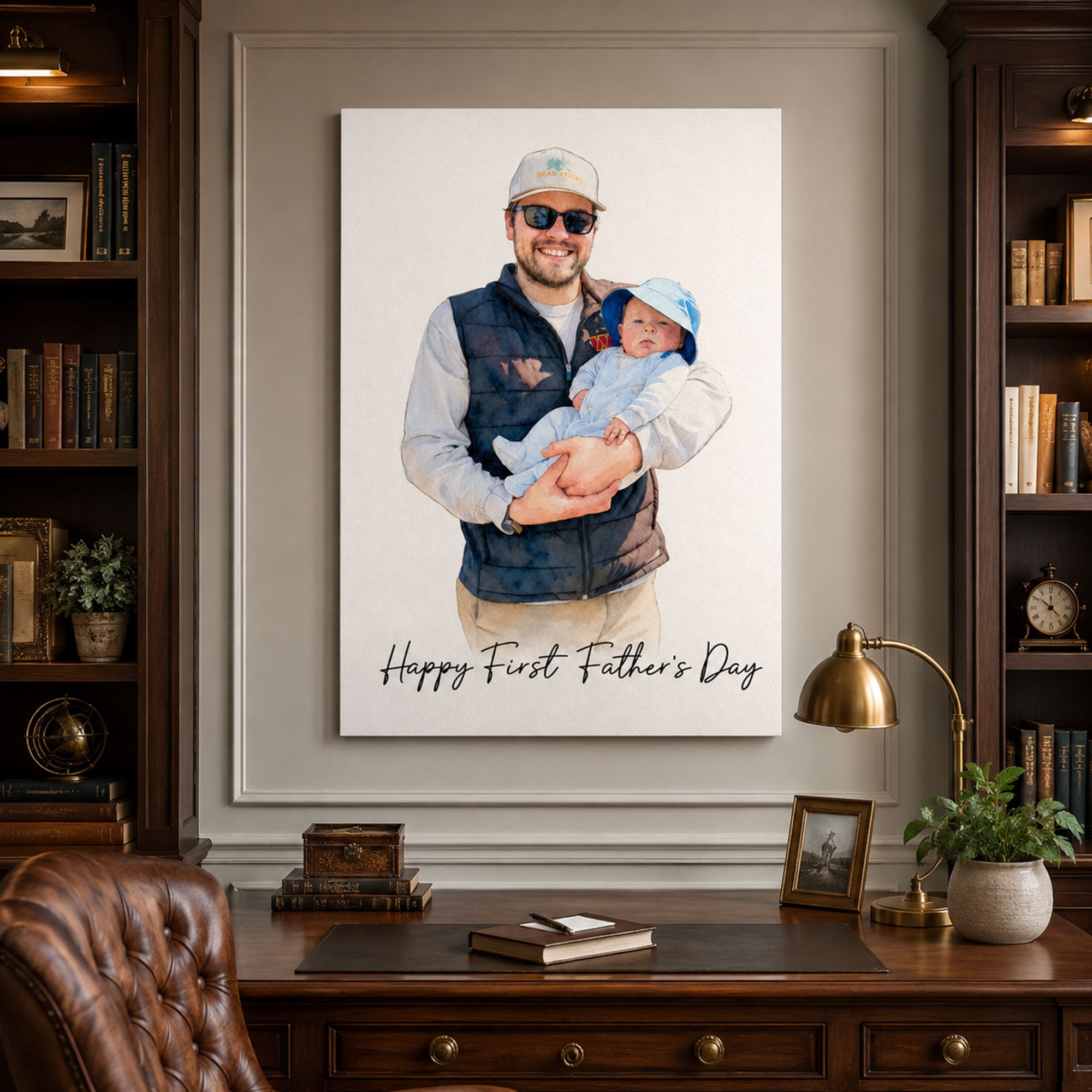 First Father’s Day Gift Personalized Watercolor Dad Portrait Canvas, Family Portrait Wall Art for Husband