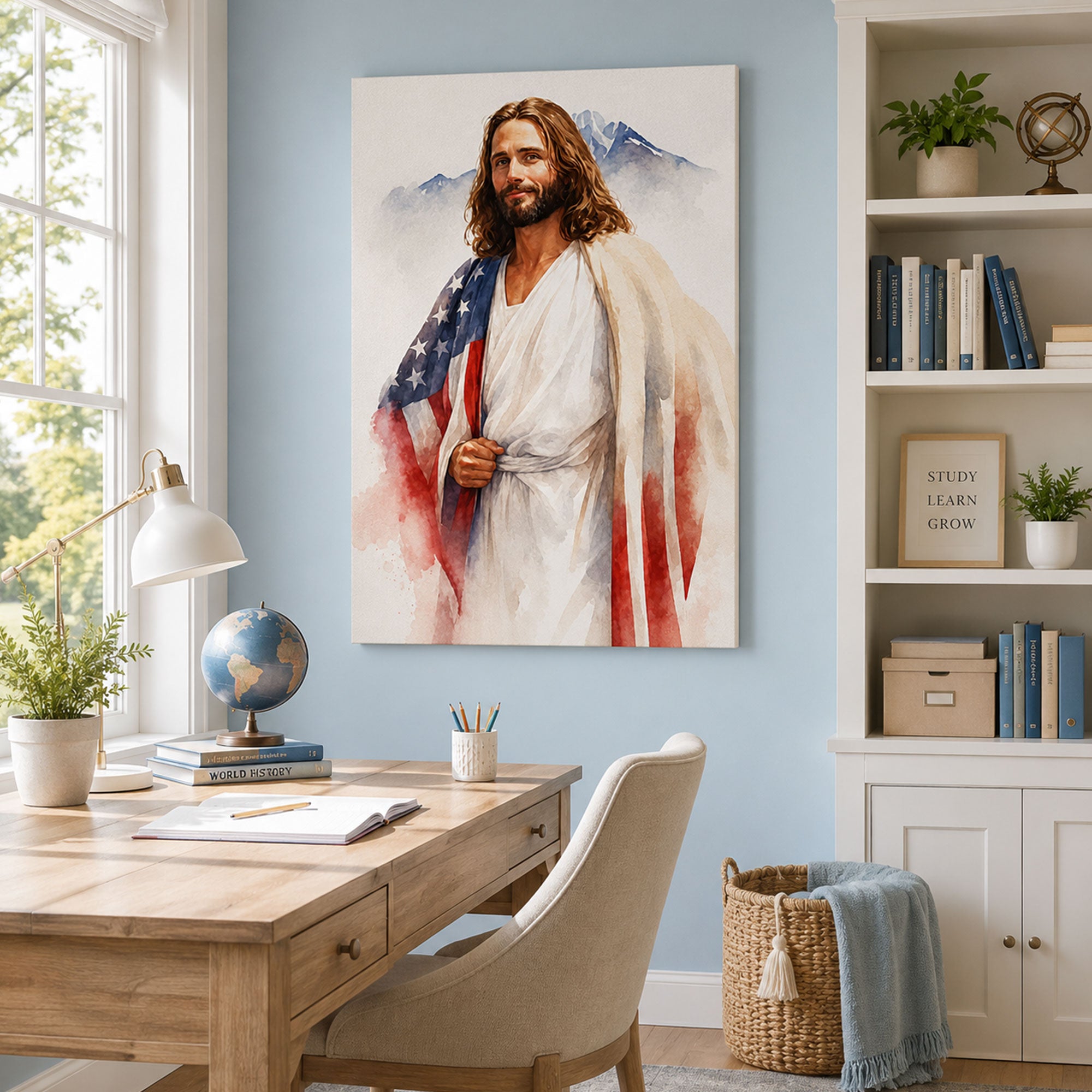 Jesus and American Flag Canvas Print, Patriotic Christian Wall Art, One Nation Under God Faith Home Decor