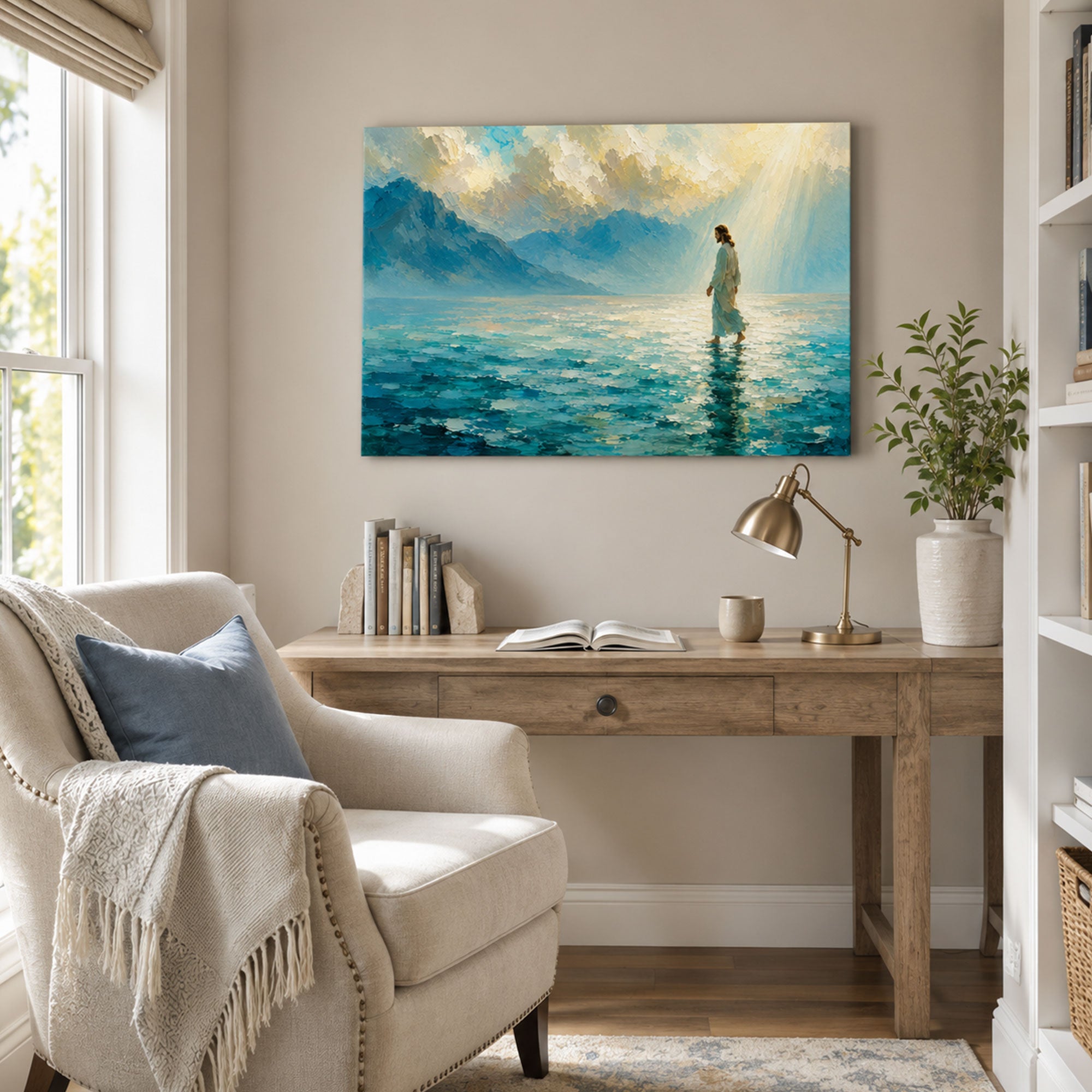 Jesus Walking on Water in Blue Light Canvas Print, Christian Home Decor