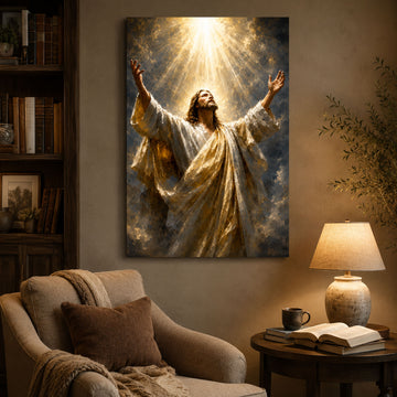 Jesus in Heavenly Light Canvas Print, Christian Worship Wall Art, Faith Home Decor