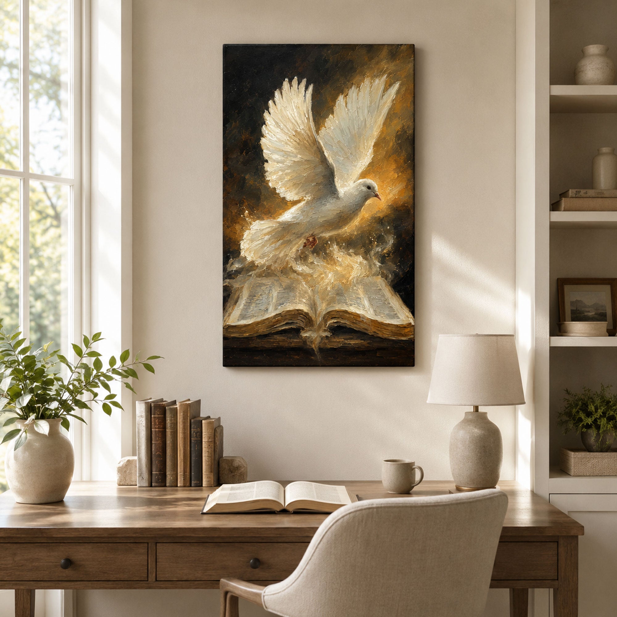 Holy Spirit Dove and Bible Canvas Print, Christian Wall Decor, Faith Gift for Home