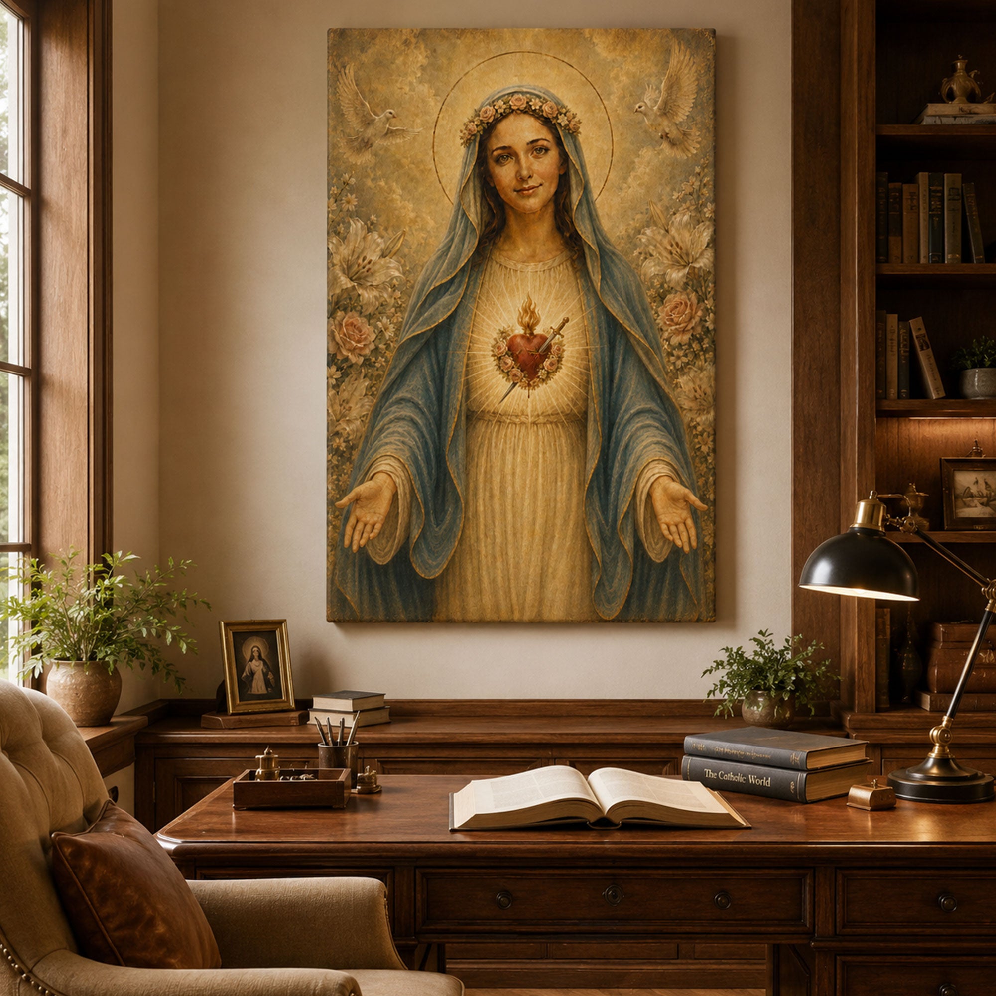 Immaculate Heart of Mary Canvas Print, Blessed Virgin Mary Catholic Wall Art, Floral Religious Home Decor Gift