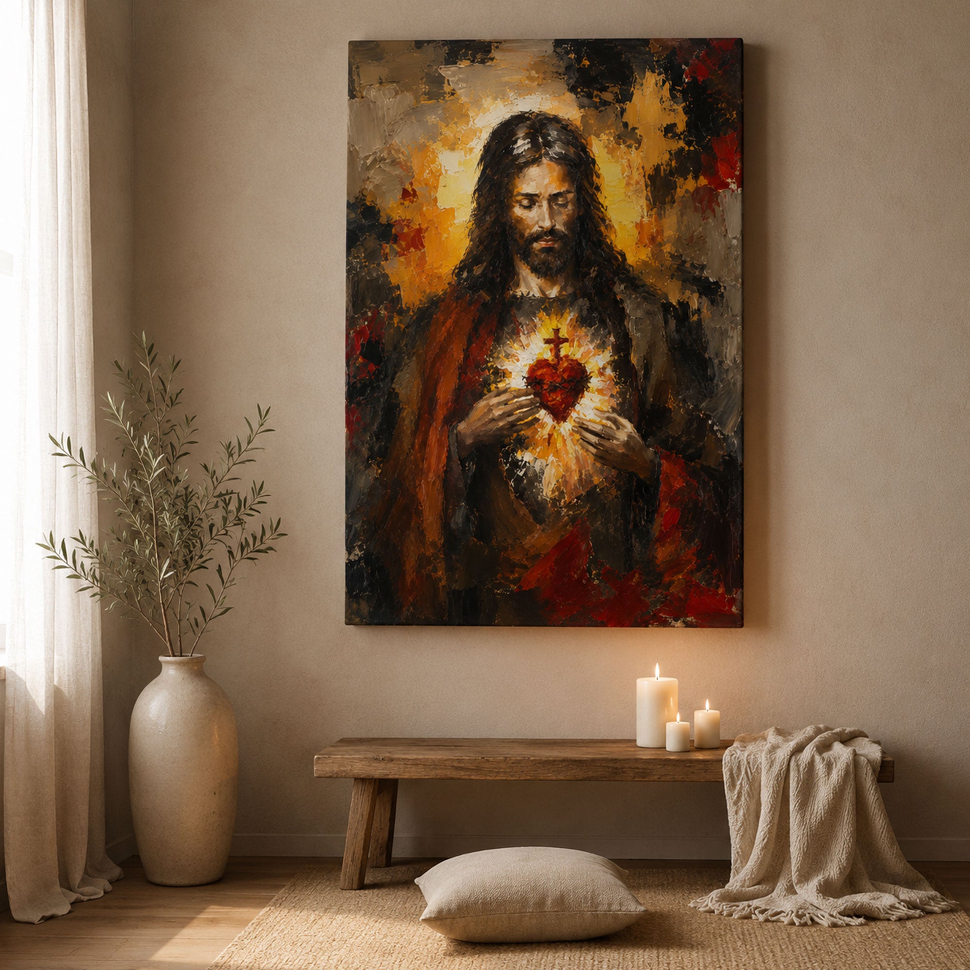 Sacred Heart Jesus Canvas Print, Dark Devotional Catholic Wall Art, Christian Faith Home Decor