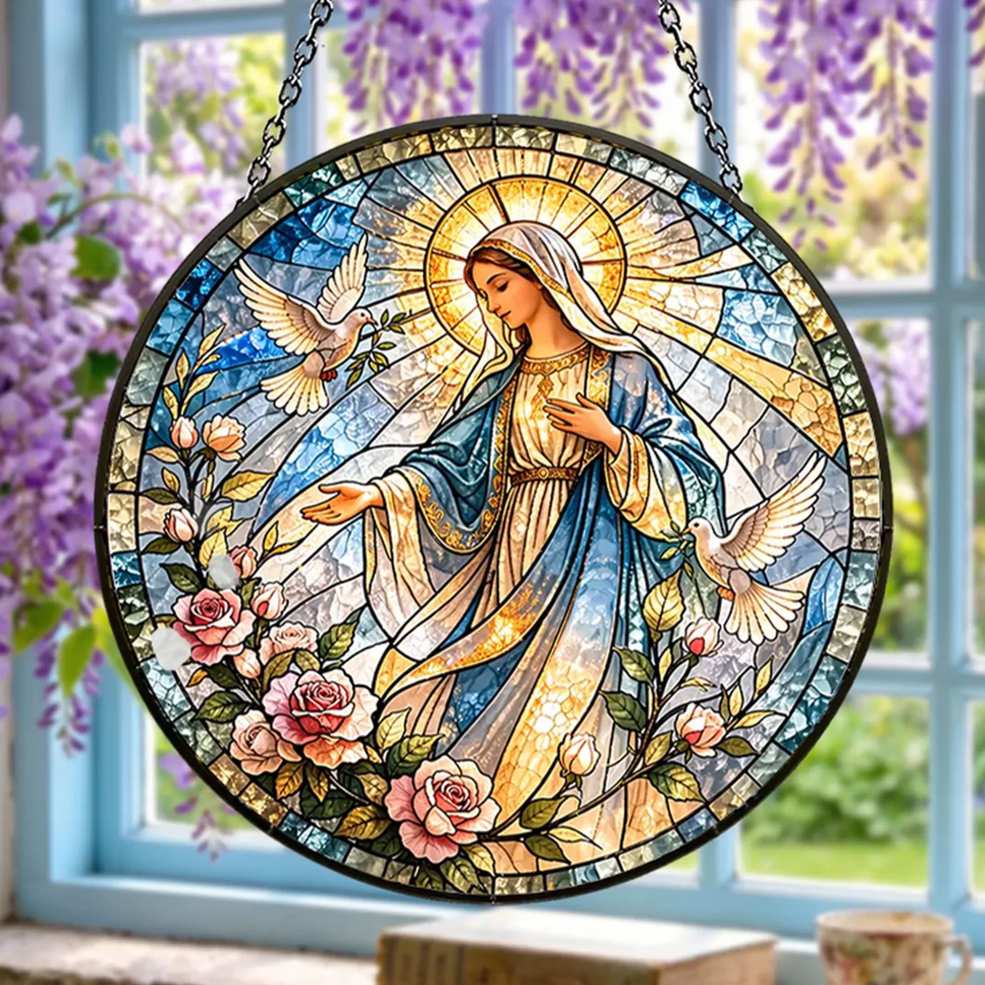 Virgin Mary with Doves and Roses Suncatcher, Catholic Window Hanging, Christian Religious