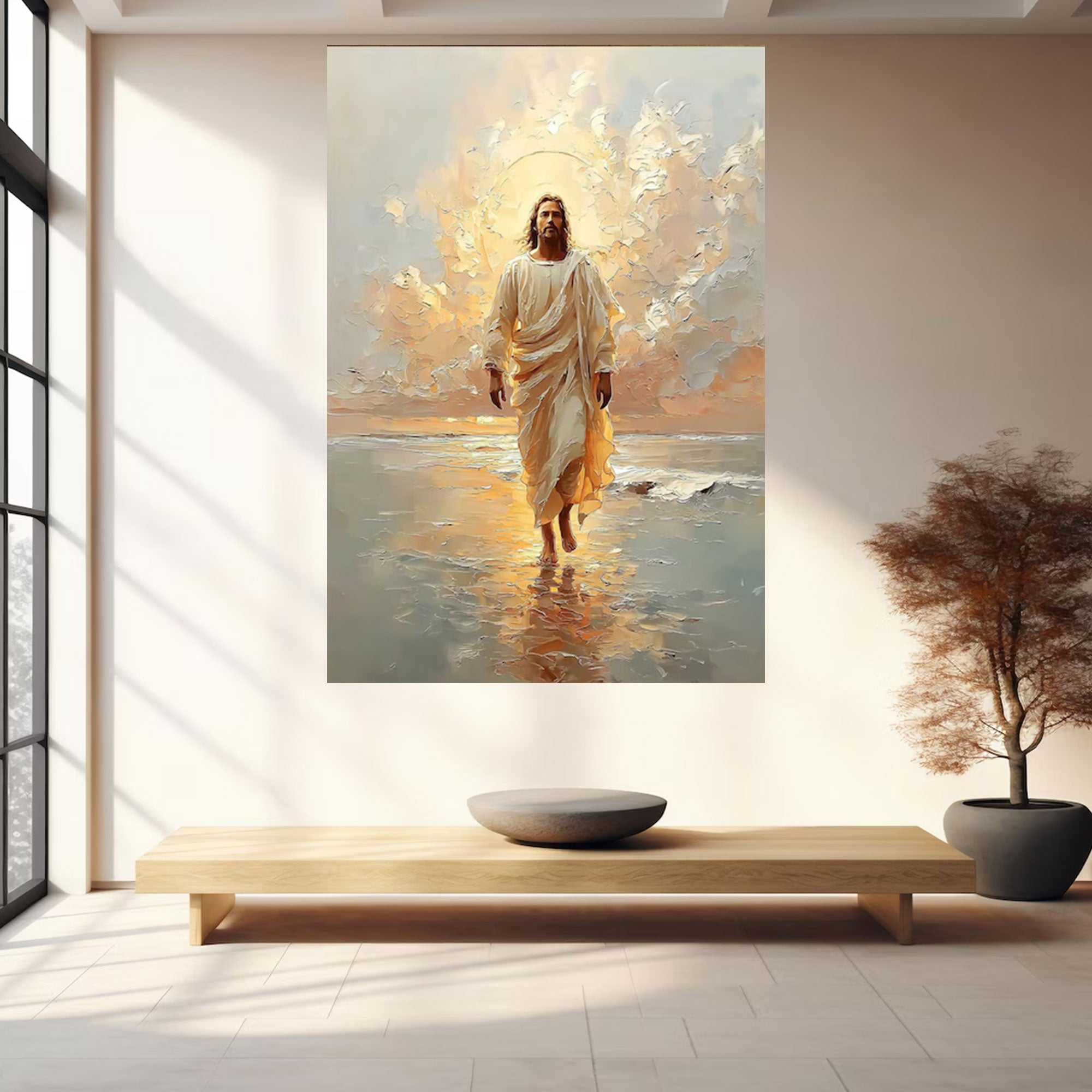 Jesus Walking in Light Canvas Print, Glorious Sunrise Faith Scene, Divine Presence Christian Wall Art, Prayer Room Decor, Ready to Hang Inspirational Gift