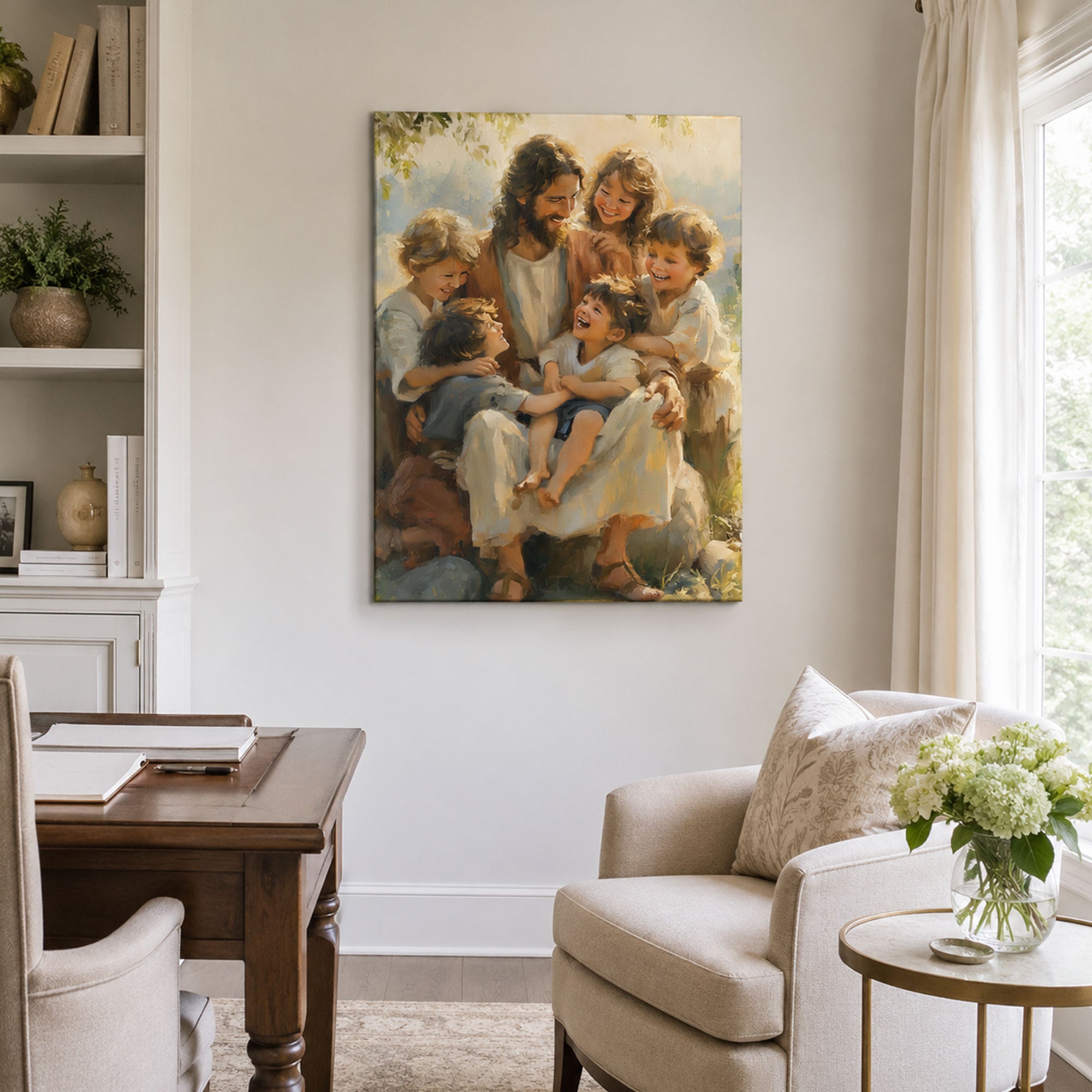 Jesus with Children Canvas Print, Let the Little Children Come to Me Matthew 19:14 Christian Wall Decor