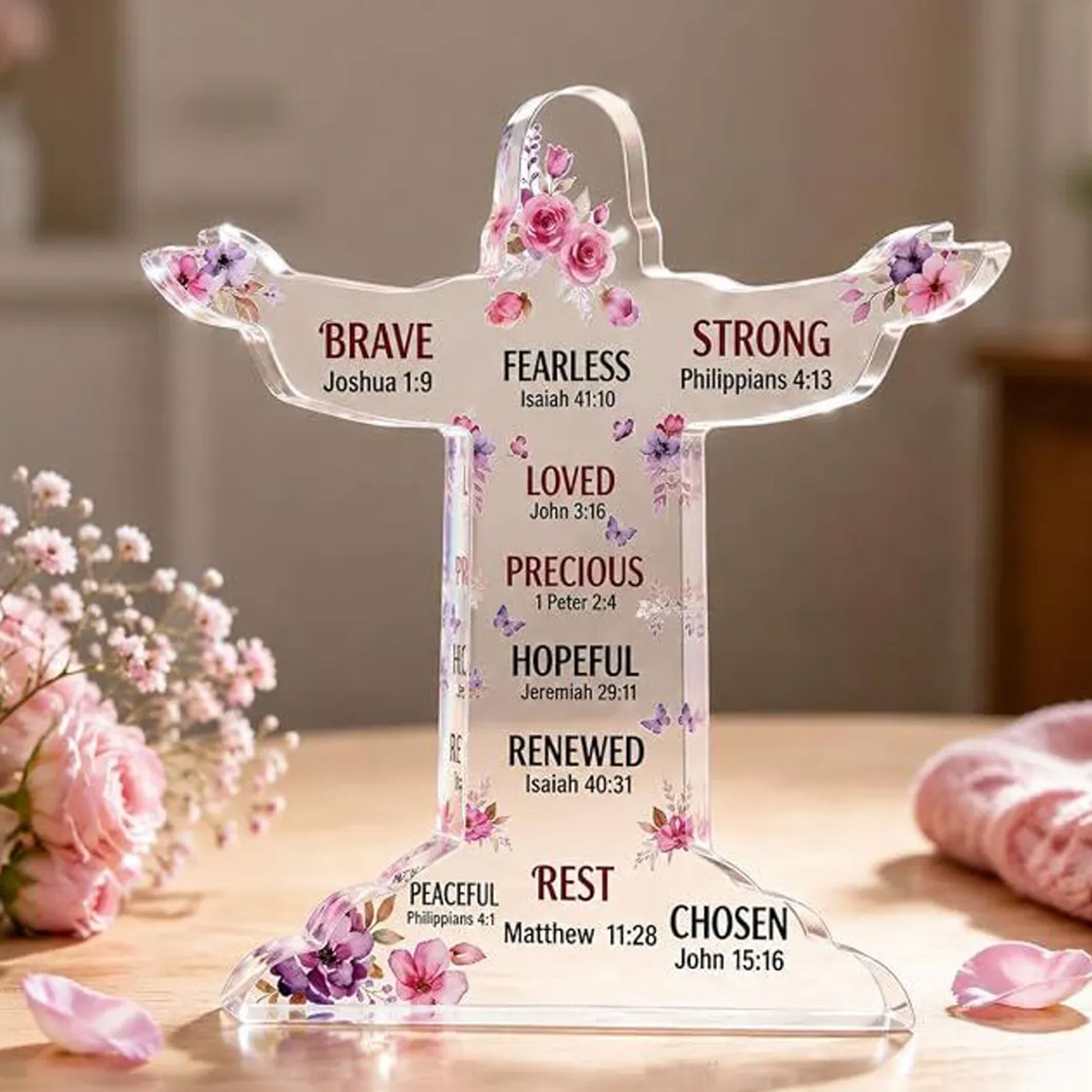 Christian Bible Verse Cross Acrylic Desk Plaque, Brave Fearless Strong Loved Chosen Faith Affirmation Gift