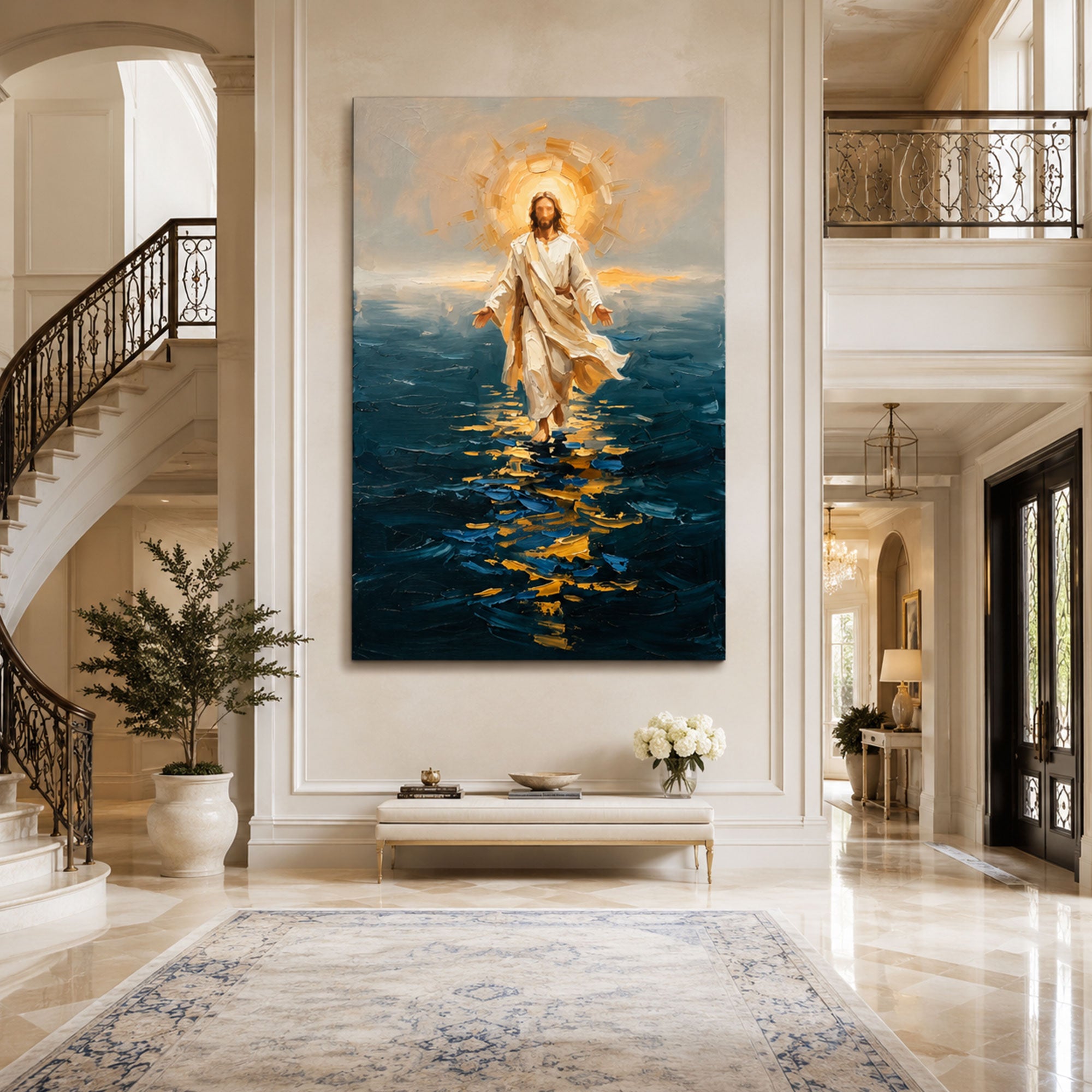 Jesus Walking on Water Canvas Wall Art, Modern Impasto Christian Faith Print, Blue Religious Home Decor, Made to Order Gift