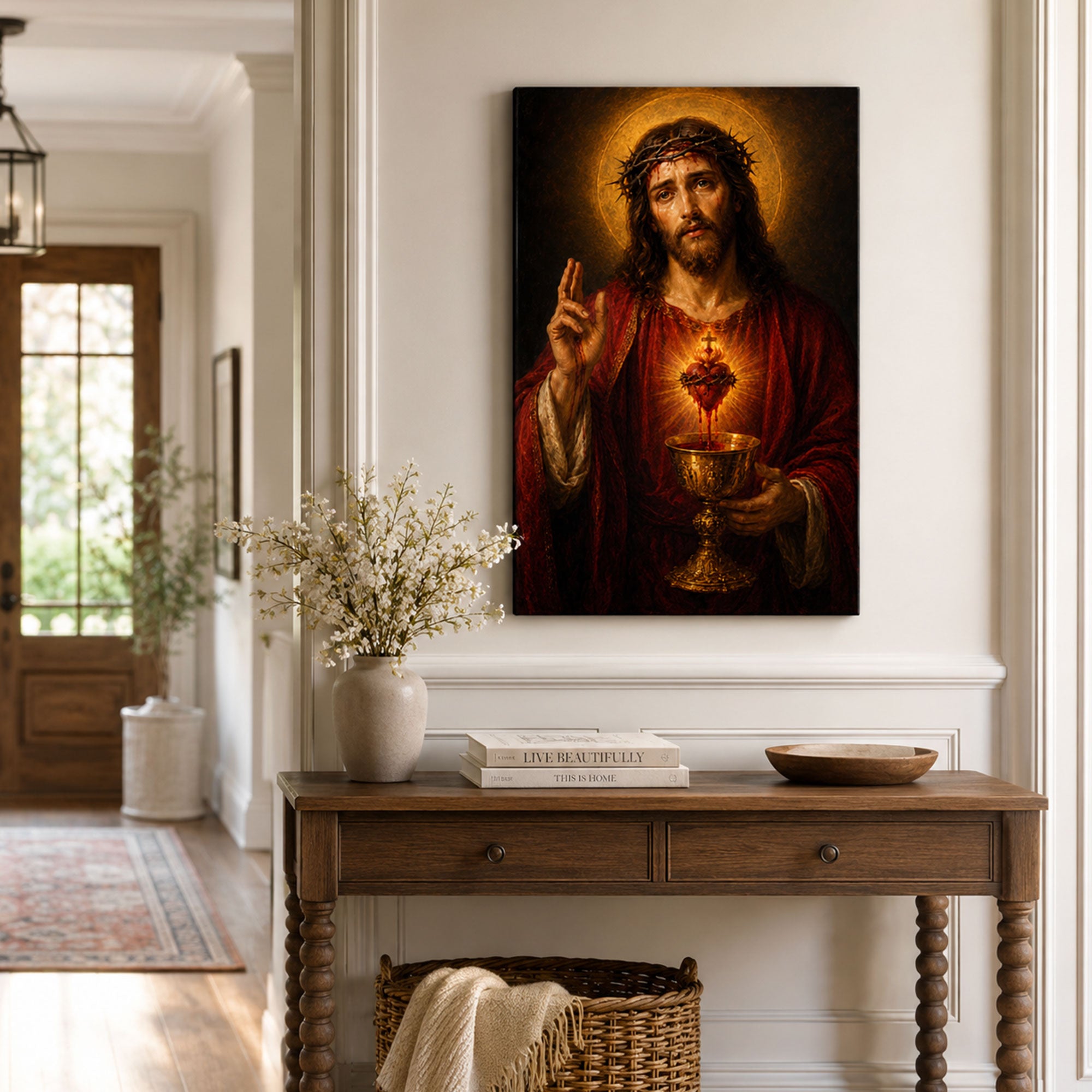 Sacred Heart of Jesus with Chalice Canvas Print, Catholic Precious Blood Wall Art, Faith Home Decor Gift