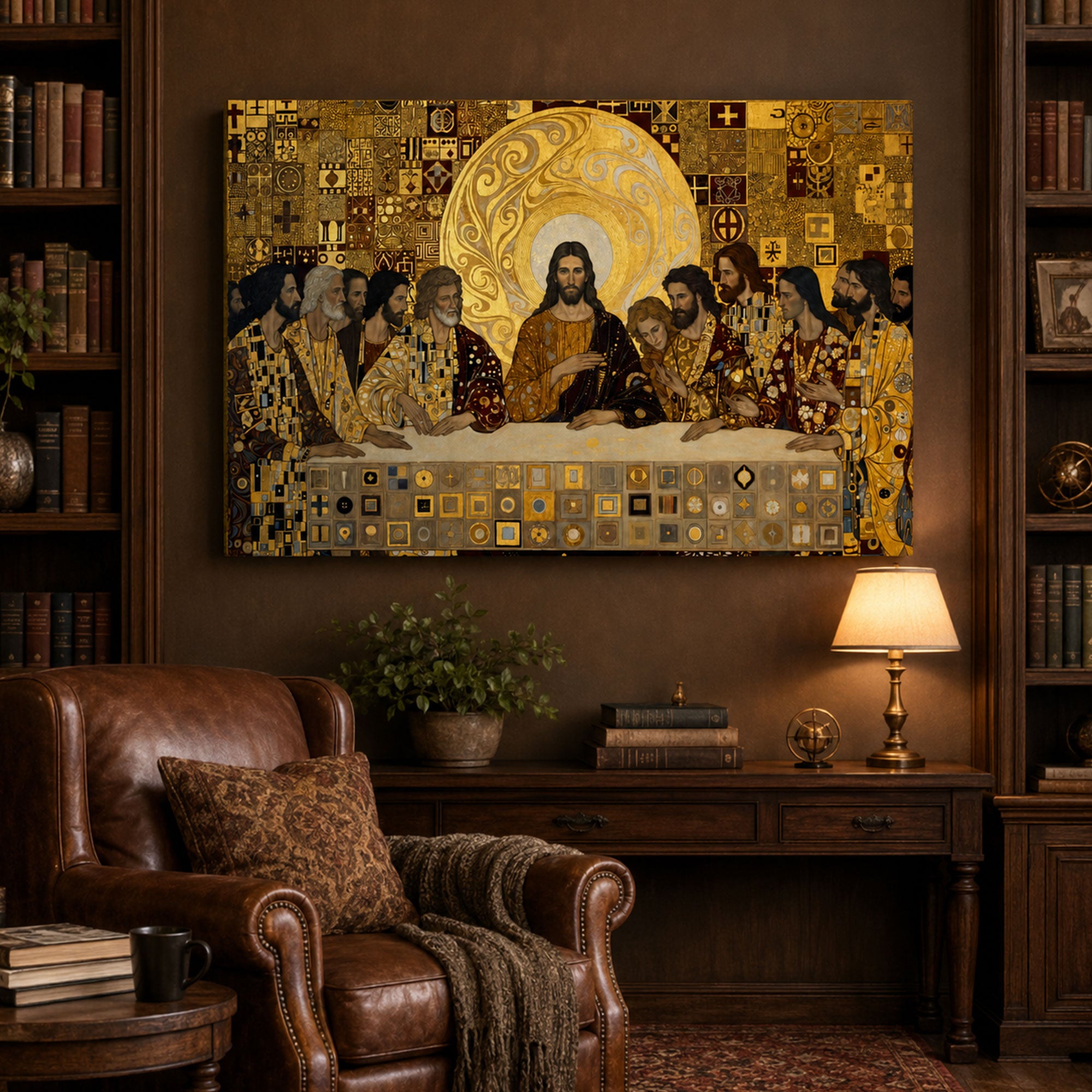 Gustav Klimt Last Supper Canvas Print, Gold Mosaic Christian Wall Art, Iconic Religious Home Decor