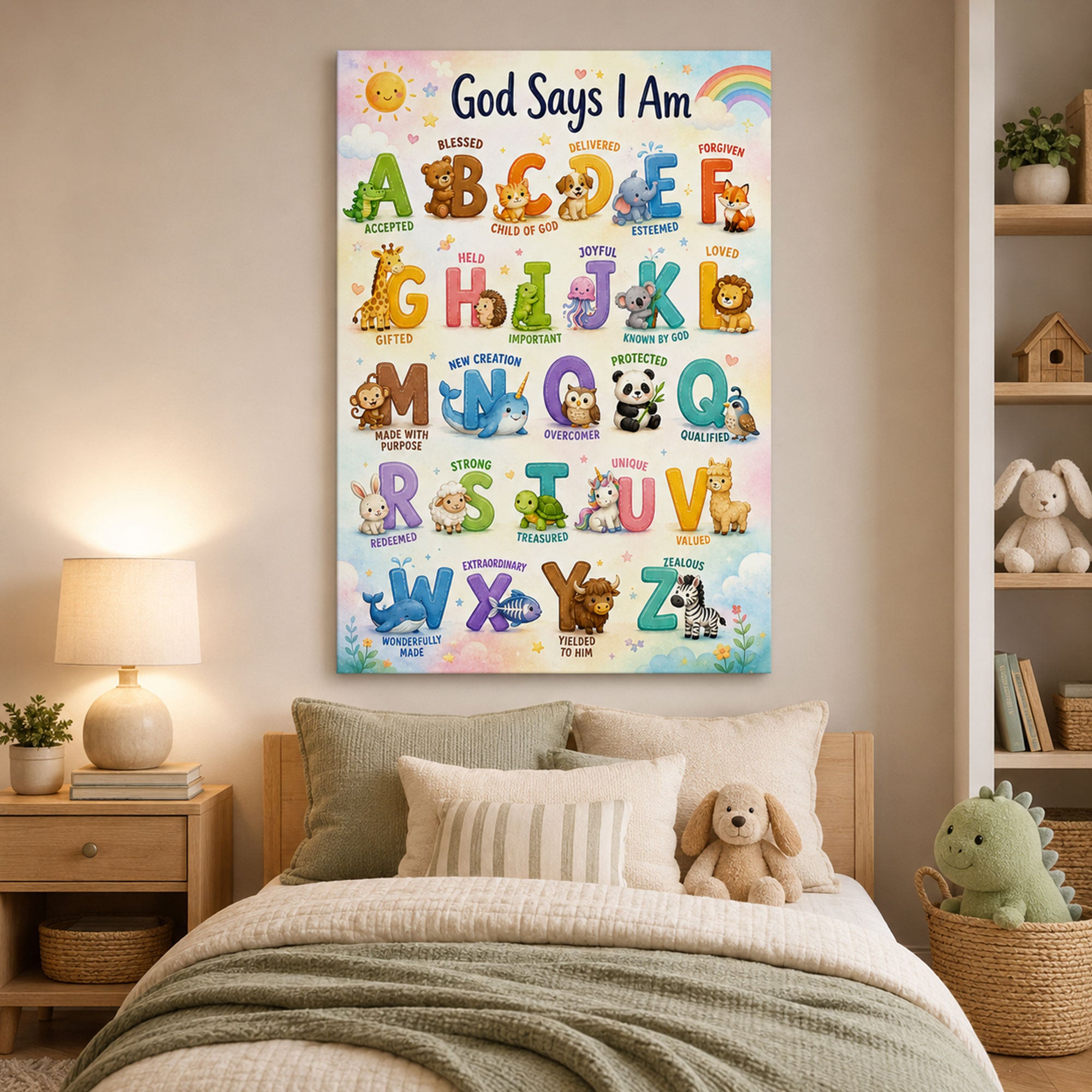 God Says I Am ABC Christian Kids Wall Art Nursery Bible Affirmation Canvas Print