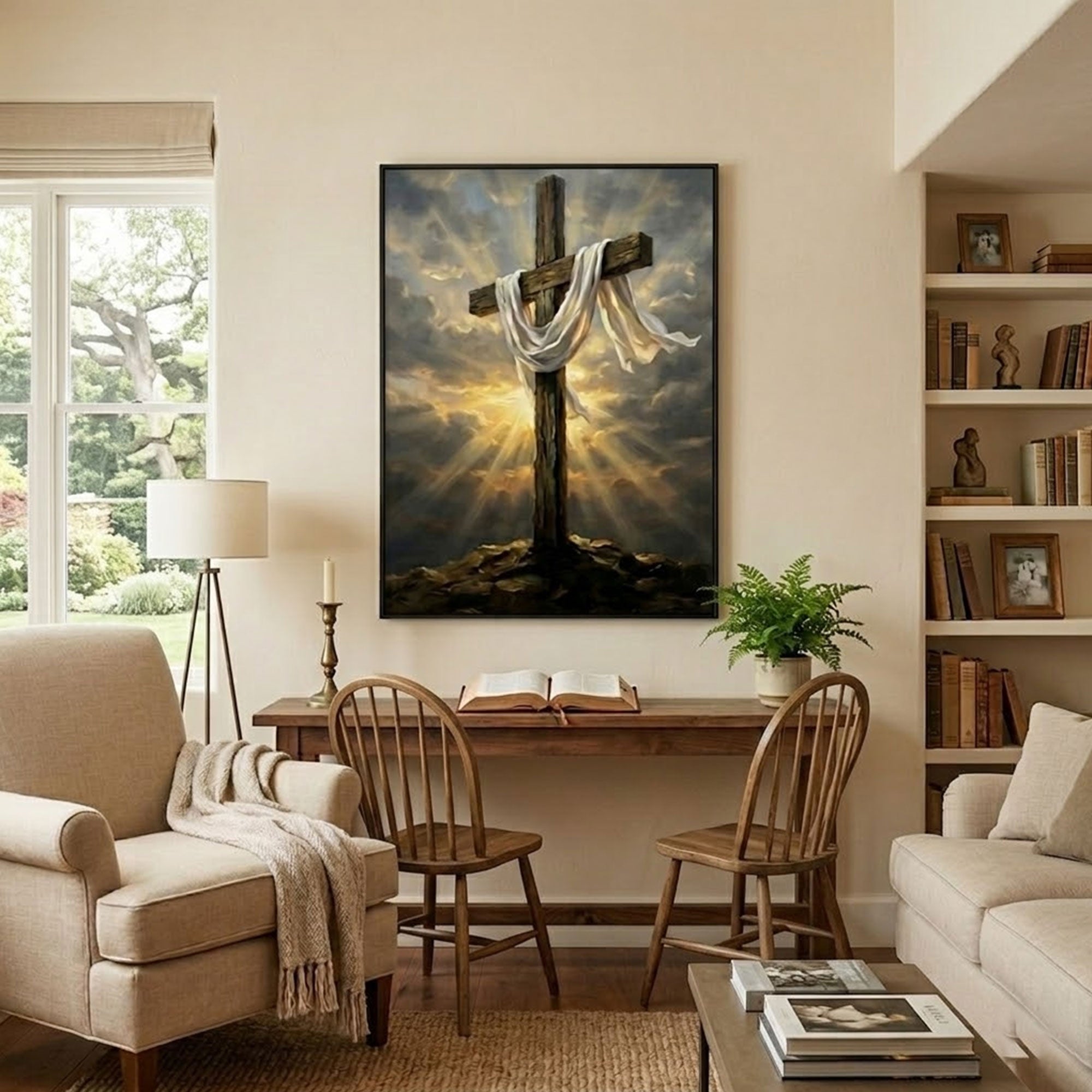 Empty Cross Canvas Print, Resurrection Easter Christian Wall Art, Wooden Cross with Shroud Decor, Symbol of New Life, Inspirational Faith Gift