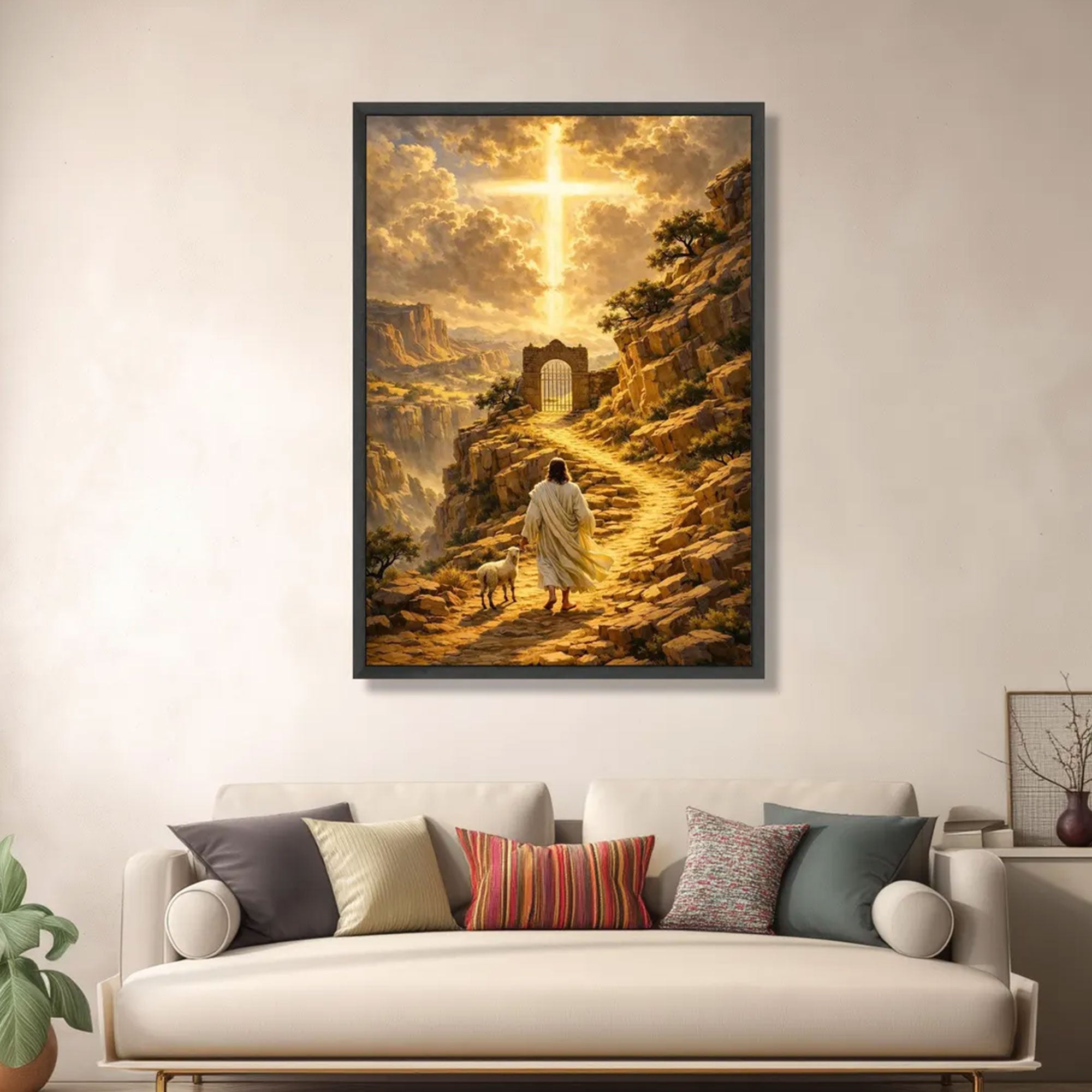 Spiritual Pathway Canvas Print, Jesus with Lamb Wall Art, Glowing Cross Landscape, Christian Religious Decor