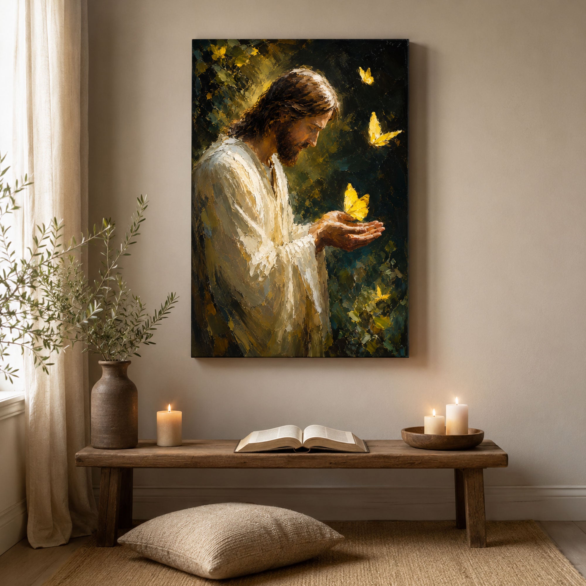 Jesus with Butterfly Canvas Print, Gentle Christian Wall Art, Hope and Peace Faith Home Decor