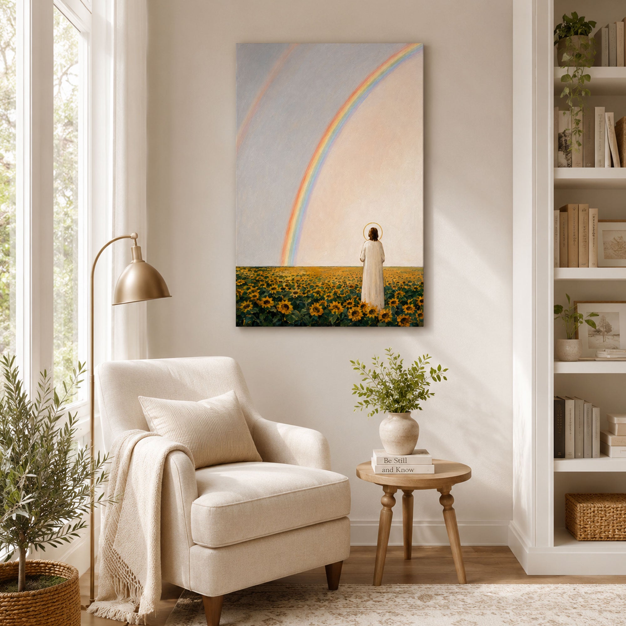 Jesus Beneath the Promise Rainbow Canvas Print, Sunflower Christian Decor