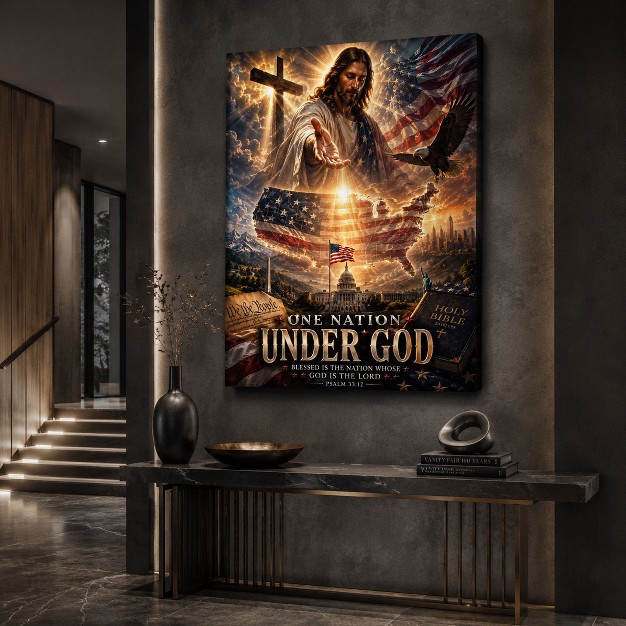 One Nation Under God Canvas Print, Patriotic Jesus Christian Wall Art, American Faith Decor, Inspirational Religious Artwork