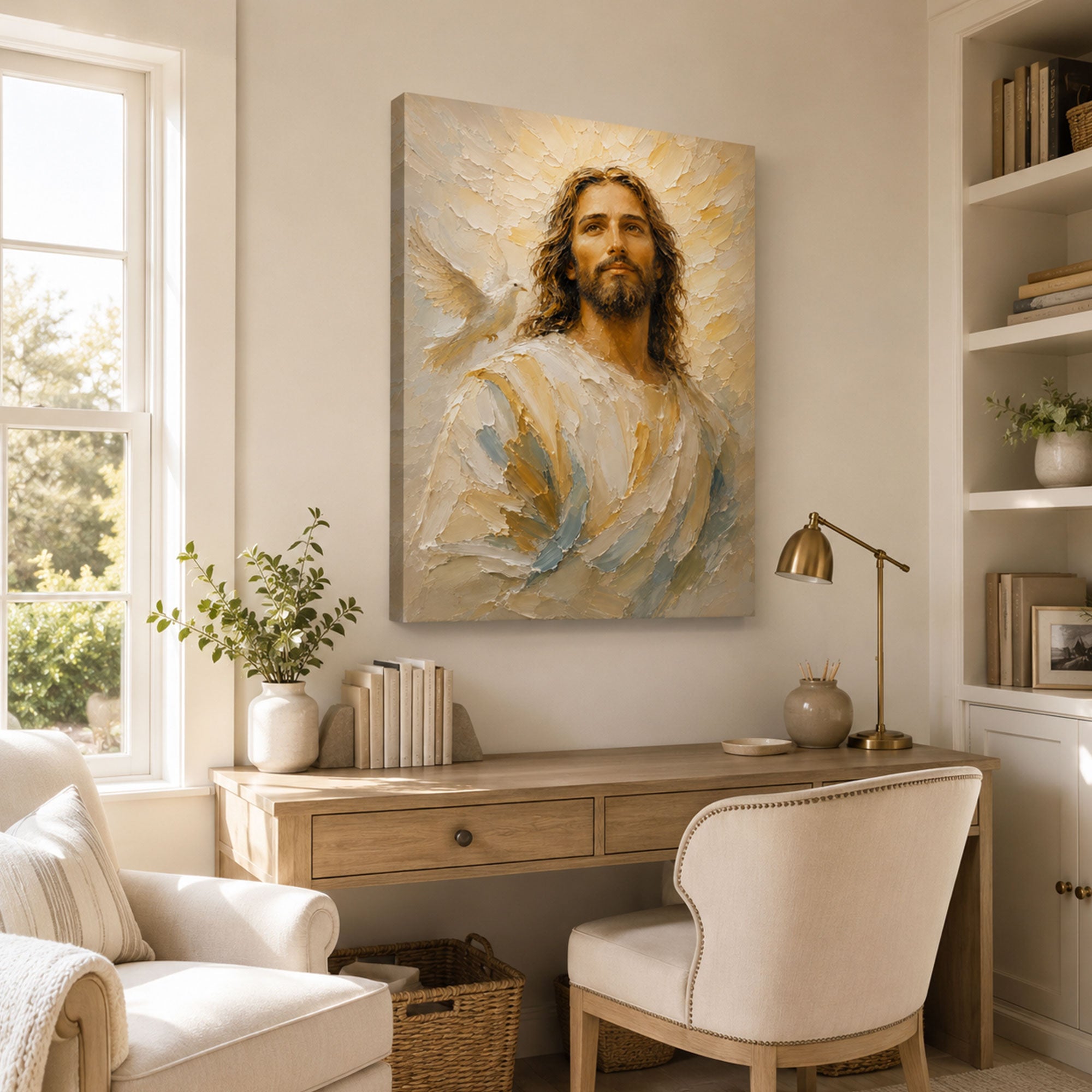 Jesus with Holy Spirit Dove Canvas Print, Light of Christ Christian Wall Decor, Faith Gift