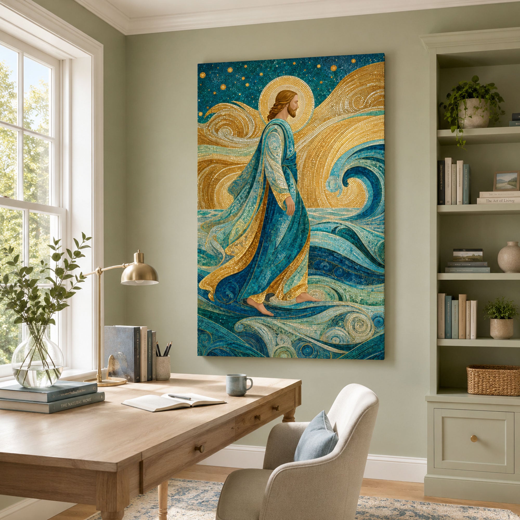 Jesus Walking on Water Mosaic Canvas Print, Gustav Klimt Inspired Christian Wall Art, Golden Spiritual Home Decor