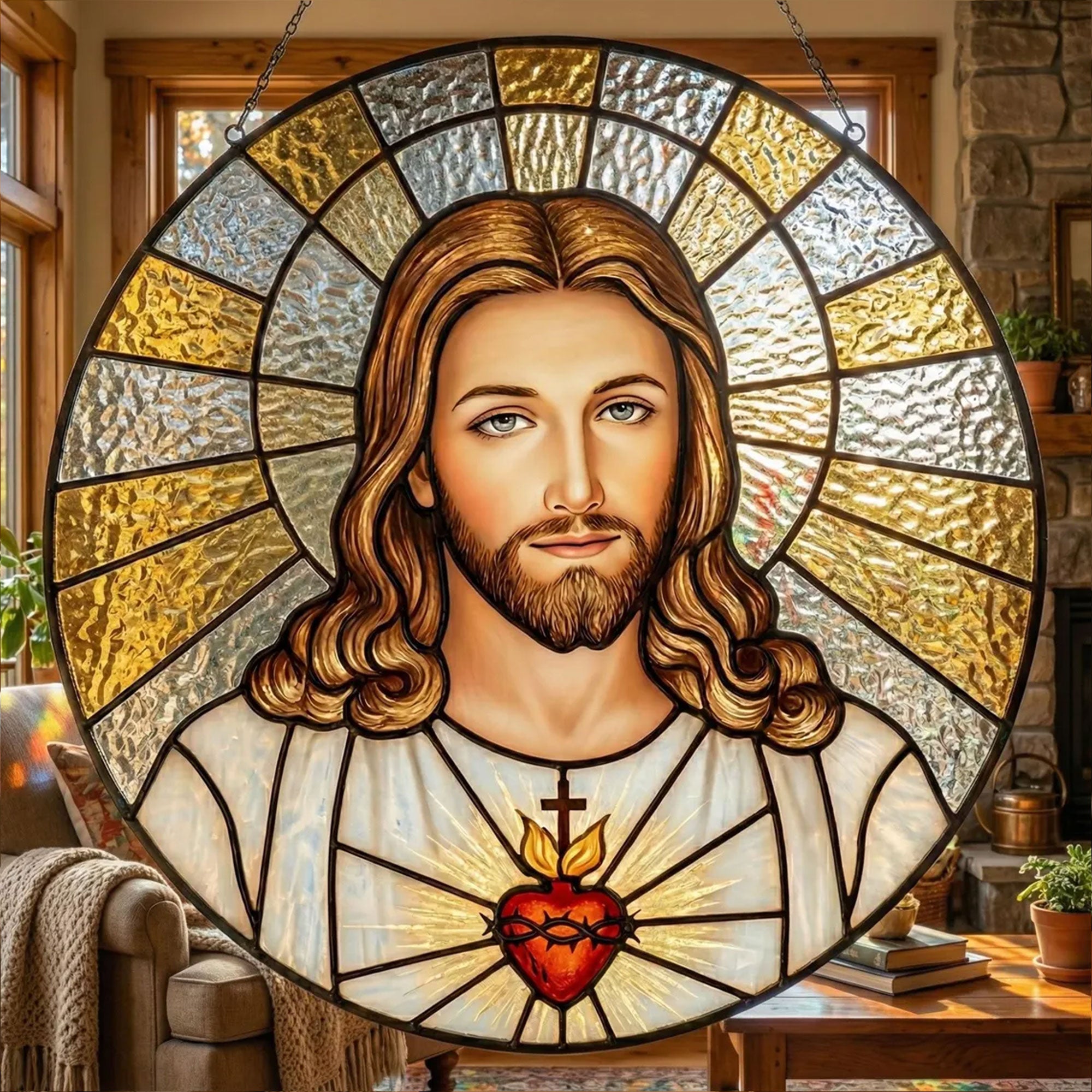 Sacred Heart of Jesus Stained Glass Suncatcher, Christian Window Hanging, Religious Sun Catcher, Catholic Home Decor, Faith Gift