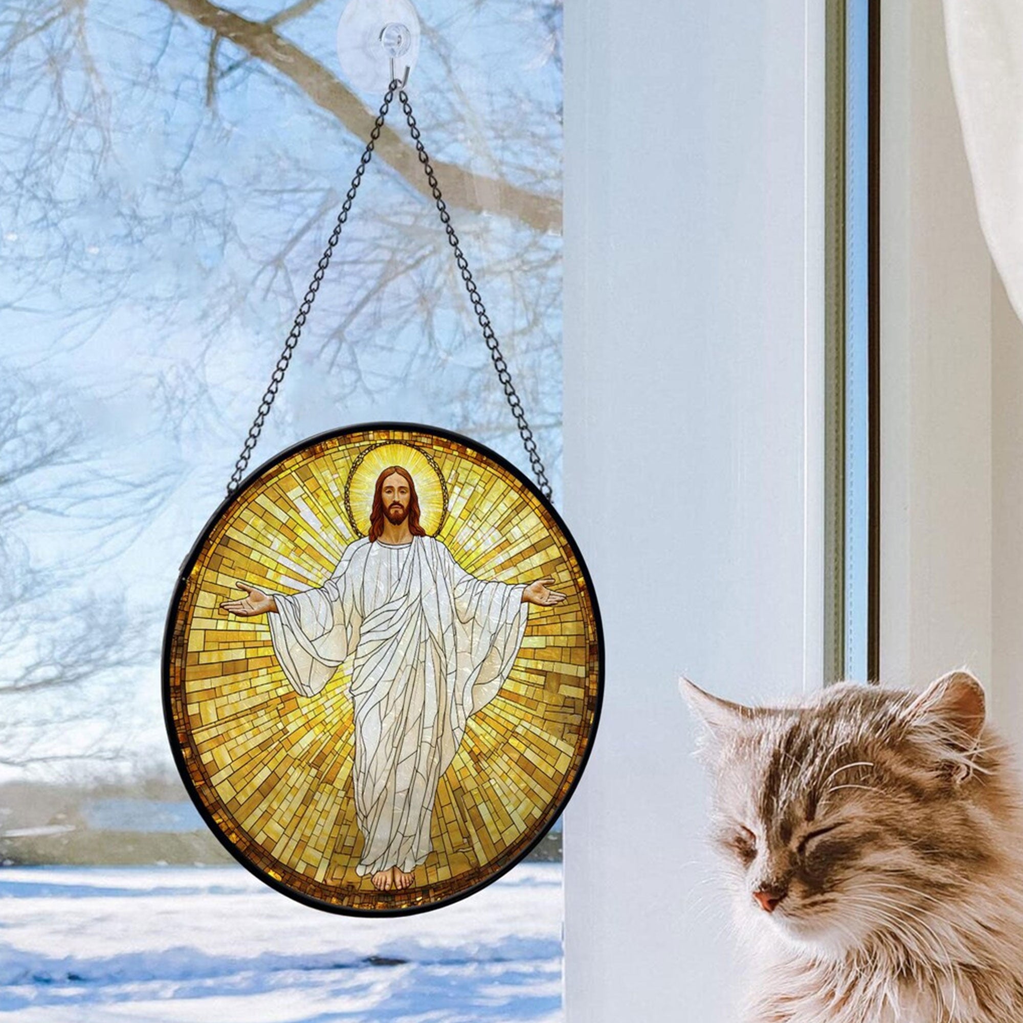 Jesus Christ Stained Glass Suncatcher, Christian Window Hanging Decor, Religious Faith Gift, Spiritual Home Ornament