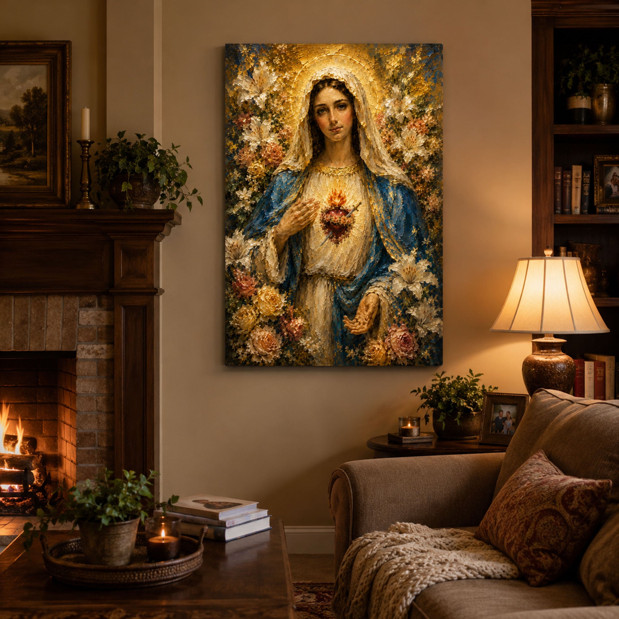 Immaculate Heart of Mary Canvas Print Catholic Floral Wall Art Virgin Mary Religious Home Decor