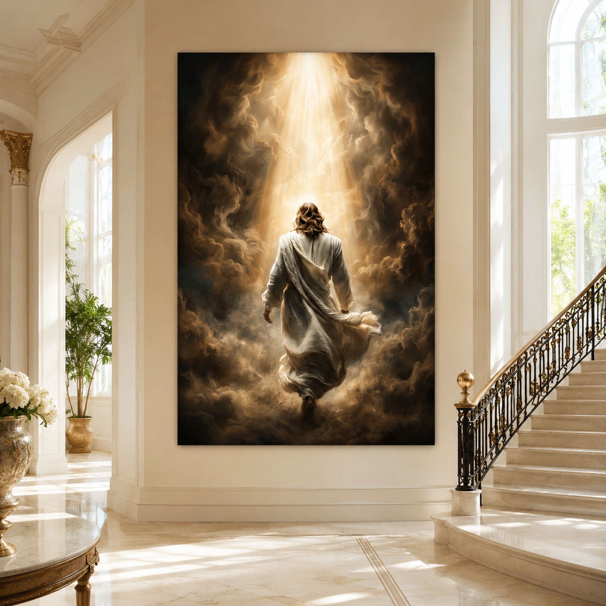 Jesus Walking Into Light Canvas Art, Spiritual Christian Journey Wall Decor, Minimal Biblical Home Decoration