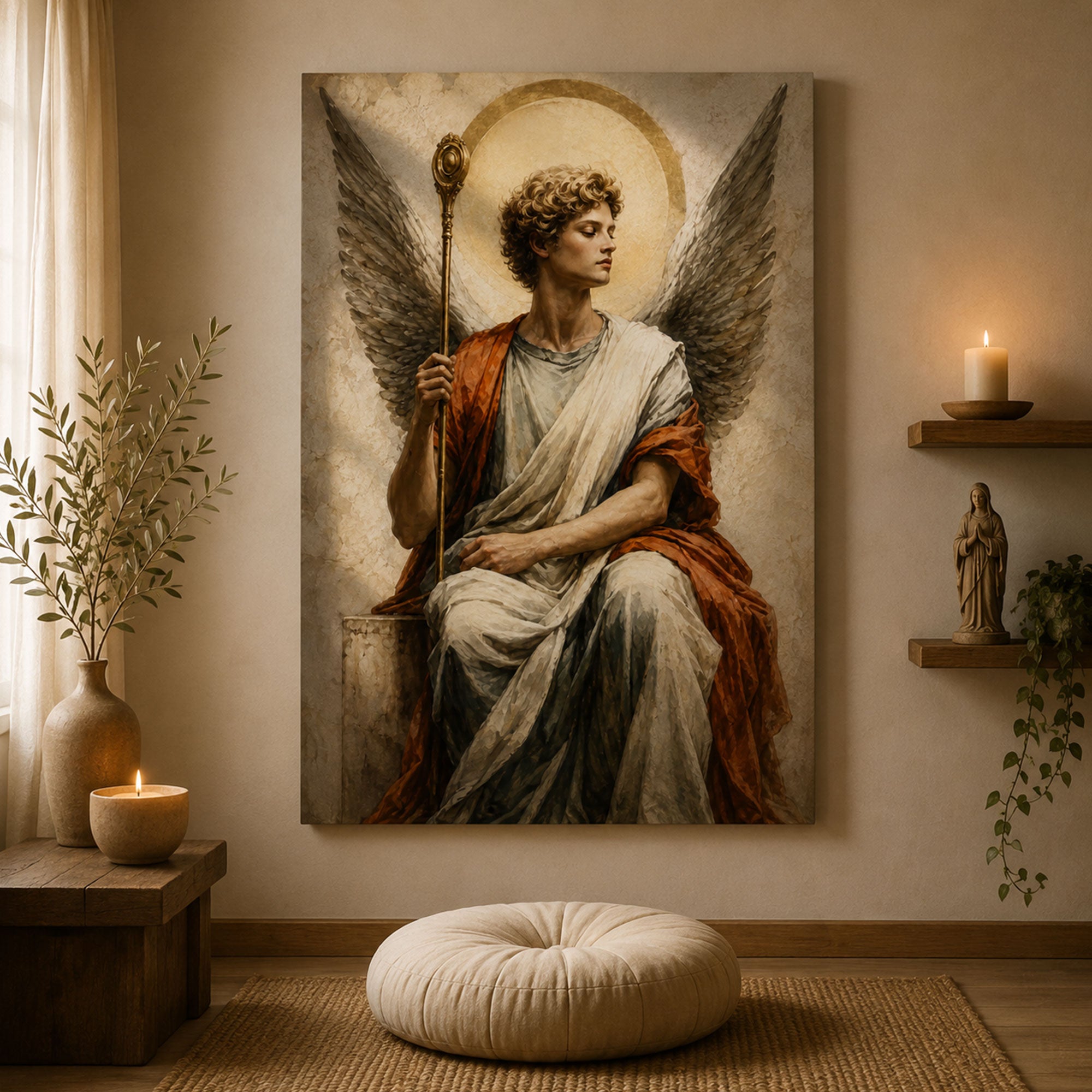 Seated Archangel Canvas Print, Guardian Angel Christian Wall Art, Catholic Faith Home Decor