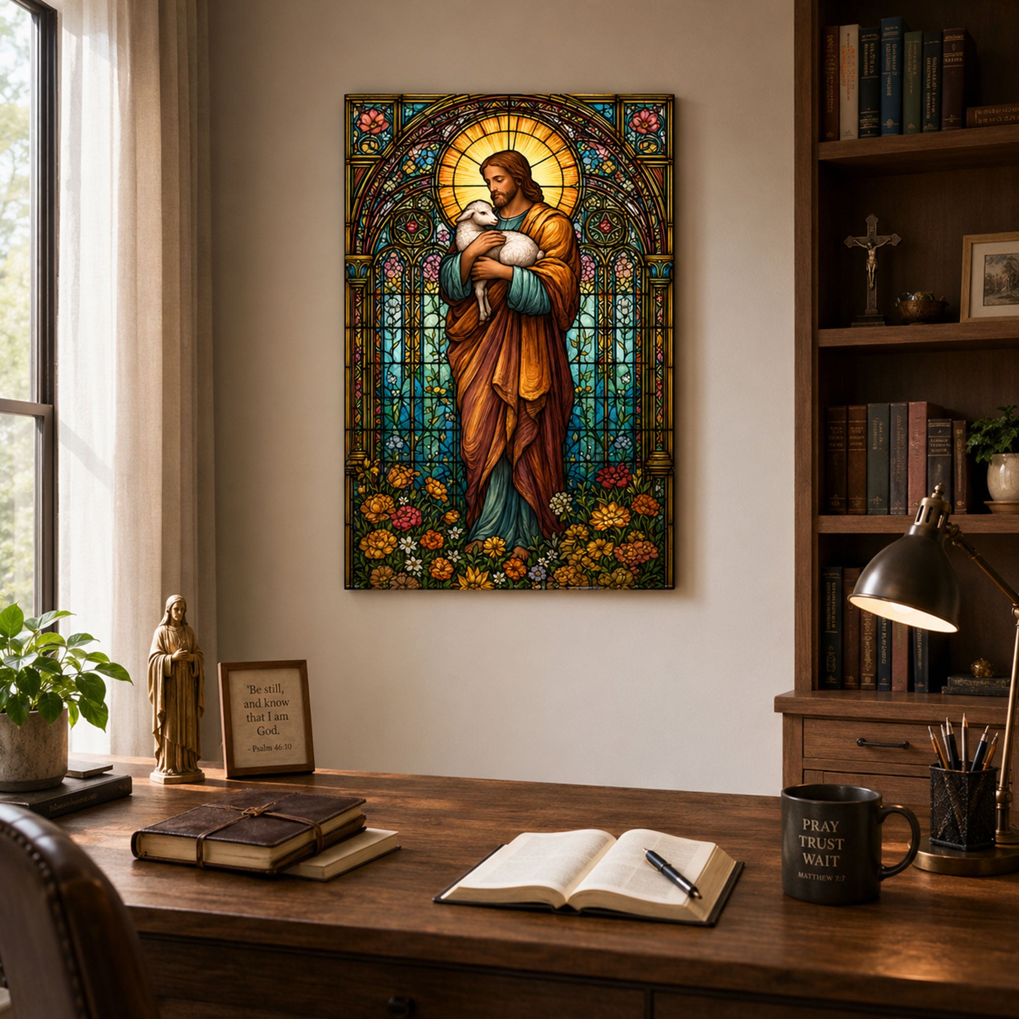 Jesus the Good Shepherd Stained Glass Canvas Print, Christian Home Decor