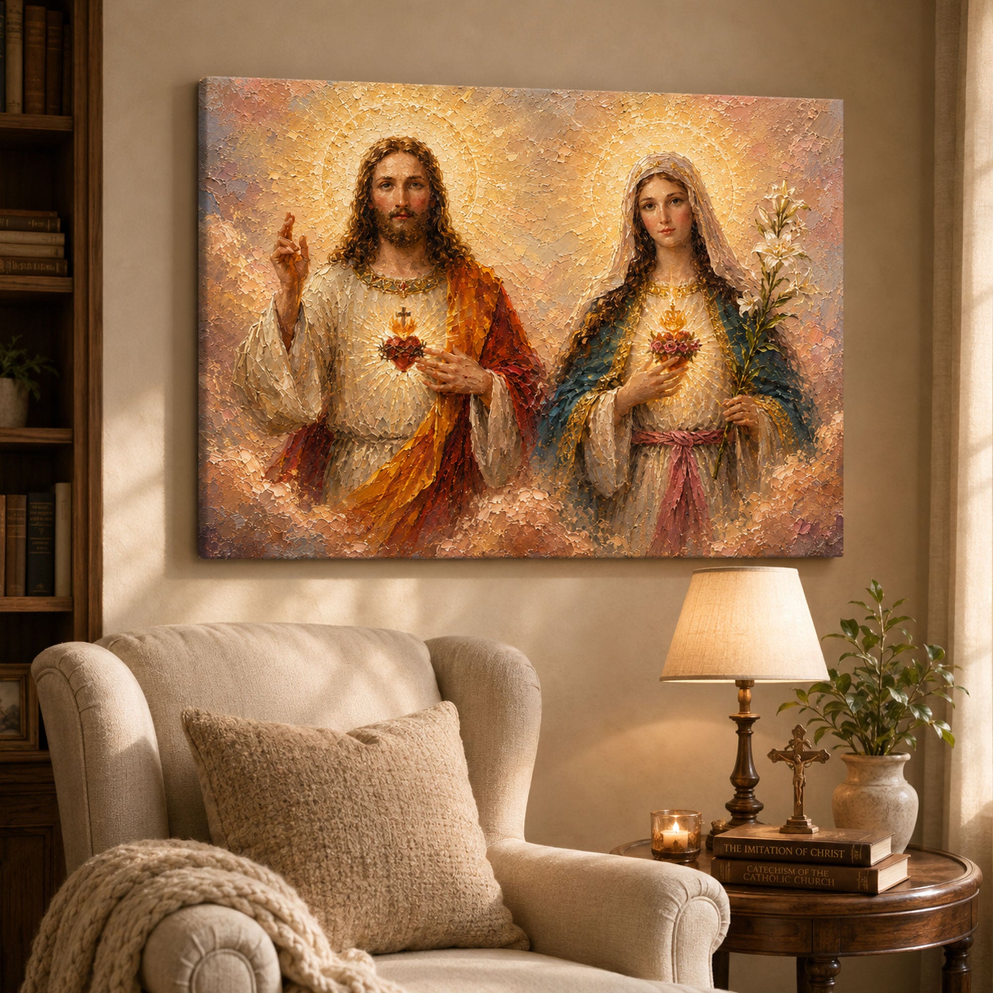 Sacred Heart of Jesus and Immaculate Heart of Mary Canvas Print, Catholic Wall Art, Christian Religious Home Decor, Devotional Faith Gift