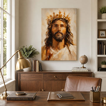 Crowned Jesus Portrait Canvas Print, Christ the King Catholic Wall Art, Golden Faith Home Decor Gift