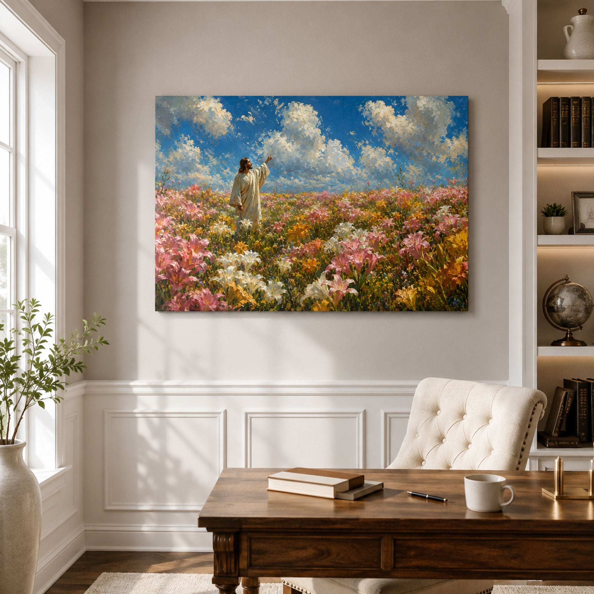 Jesus in a Field of Lilies Canvas Print, Christian Home Decor