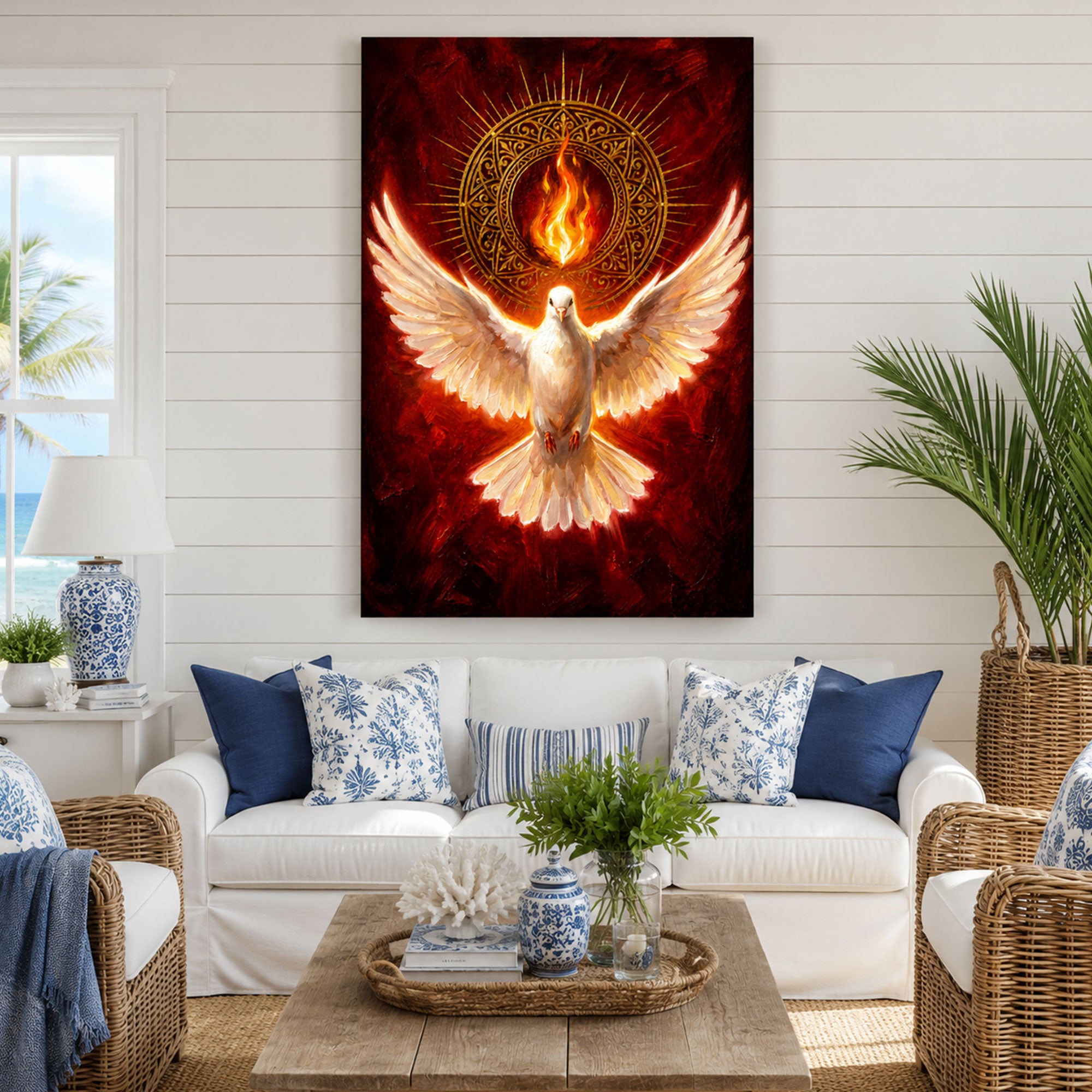 Holy Spirit Dove Wall Art, Red and Gold Pentecost Fire Canvas Print, Christian Catholic Home Decor