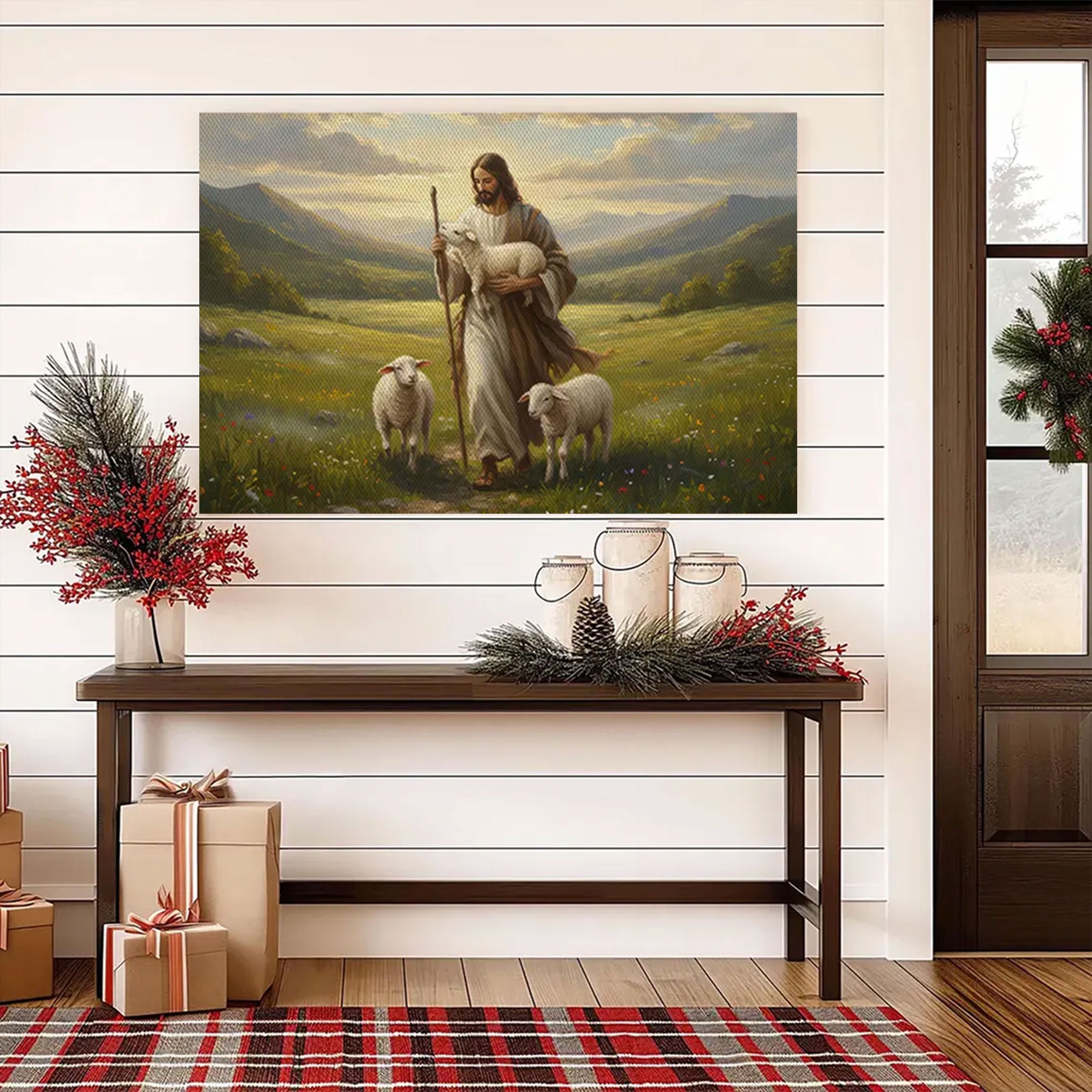 Jesus the Good Shepherd Canvas Print, Christian Faith Wall Art, Lamb of God Pastoral Scene, Spiritual Home Decor, Inspirational Gift