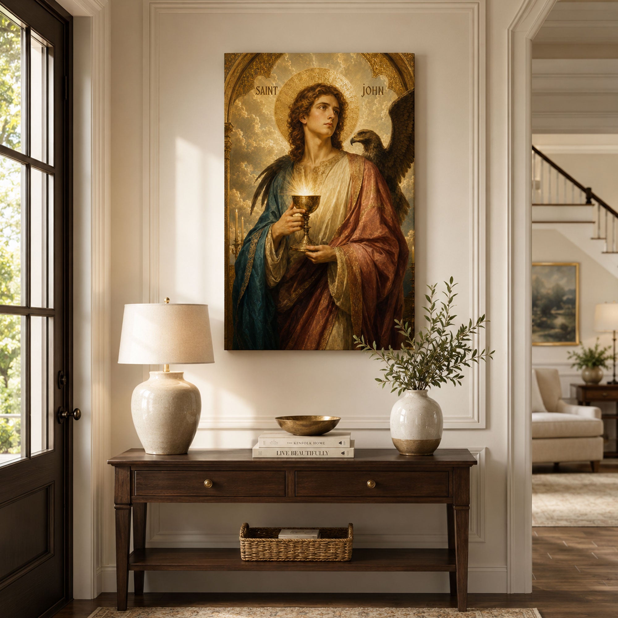 Saint John with Eagle and Glowing Chalice Canvas Print, Catholic Art