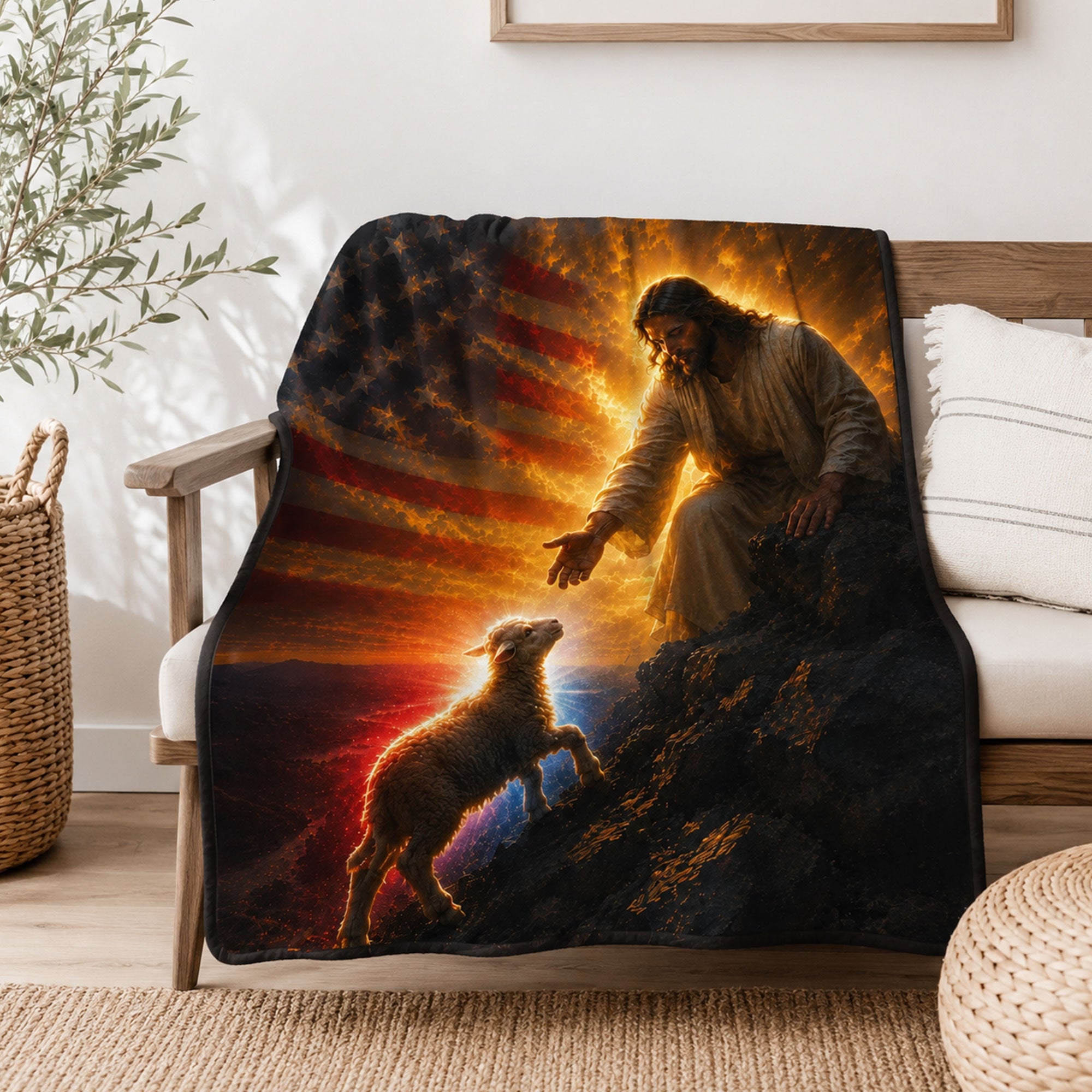 Jesus Good Shepherd Fleece Blanket, American Flag Christian Throw, Faith Gift for Believers