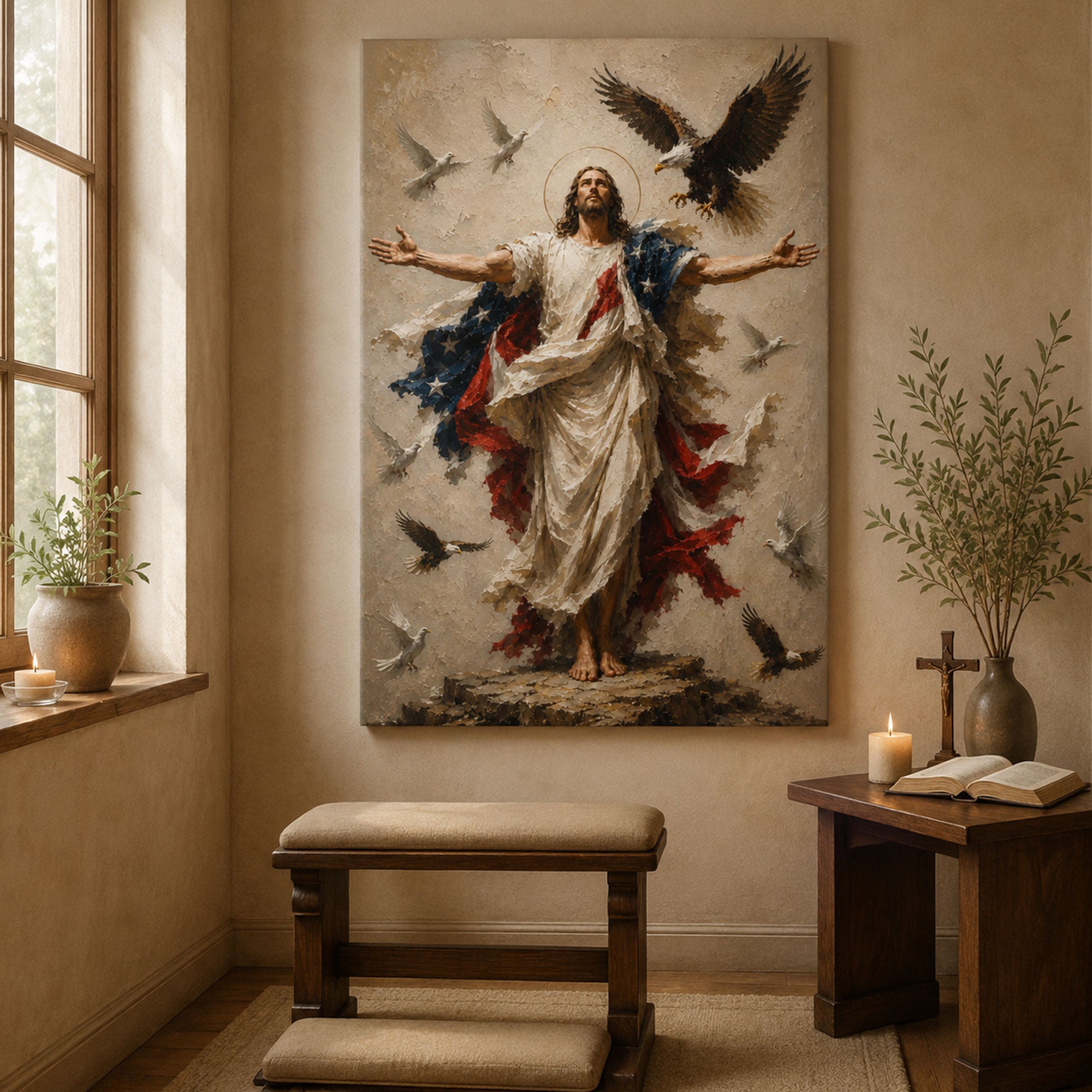 Patriotic Jesus Canvas Print, American Flag Christian Wall Art, Faith Freedom Home Decor