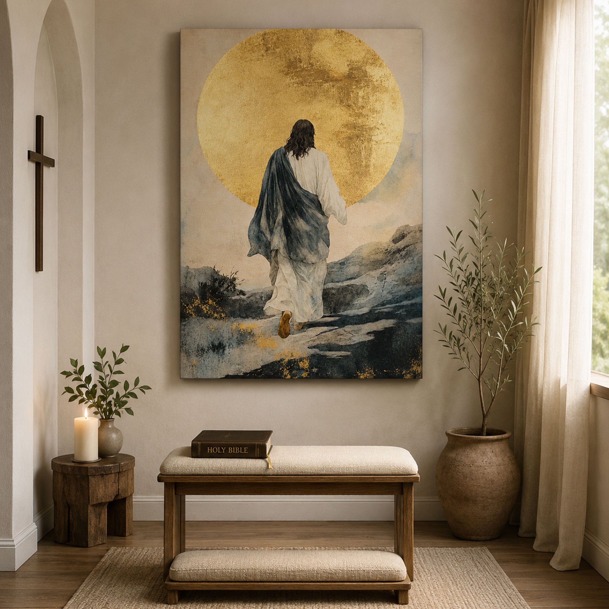 Jesus Walking Toward the Light Canvas Print, Golden Sun Christian Wall Art, Modern Faith Home Decor